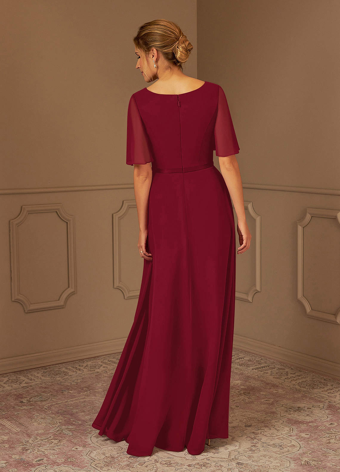 Azazie Tricia Burgundy A Line V Neck Pleated Chiffon Dress Azazie