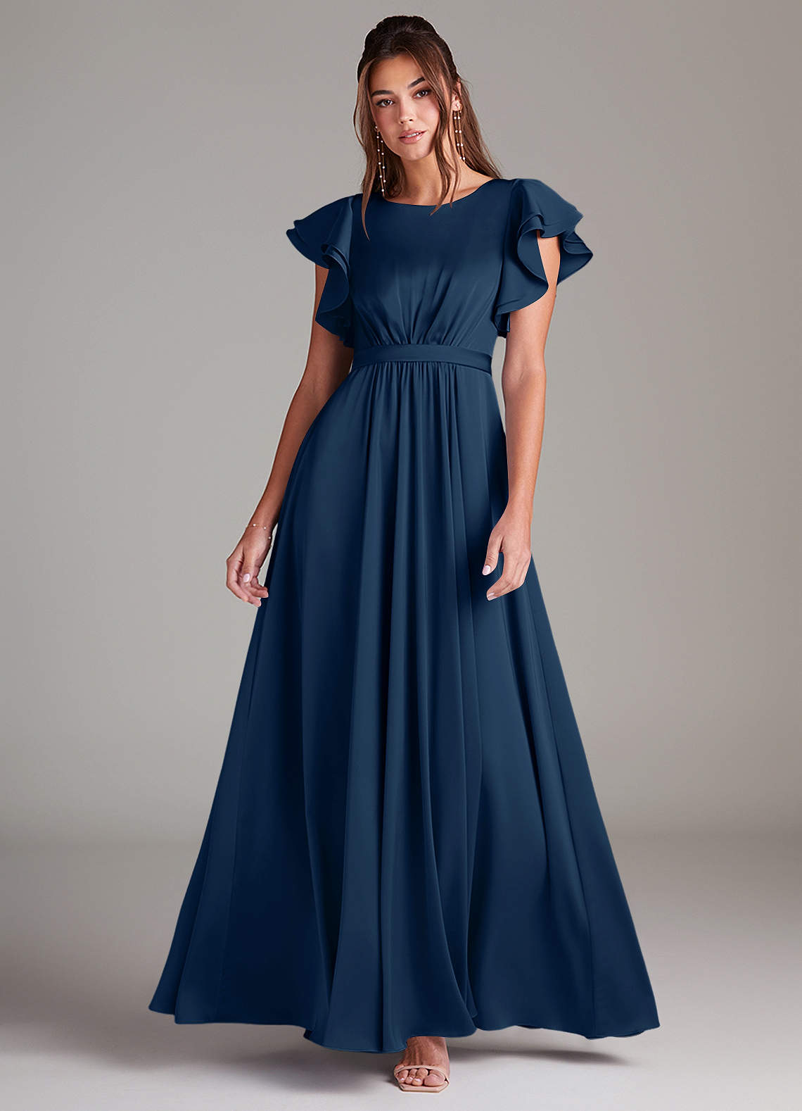 Azazie Daphne Modest Bridesmaid Dresses A-Line Ruched Stretch Satin Floor-Length Dress image1