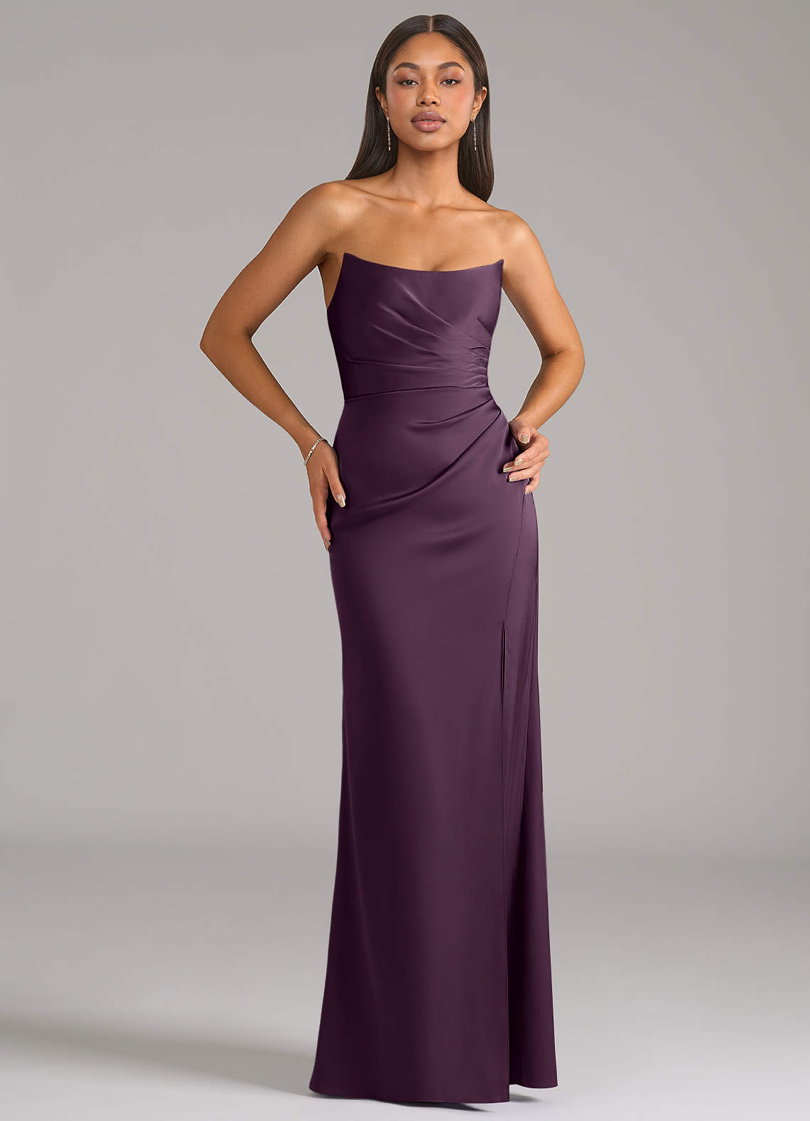 Azazie Marla Bridesmaid Dresses Plum Sheath Strapless Stretch Satin Convertible Dress image1