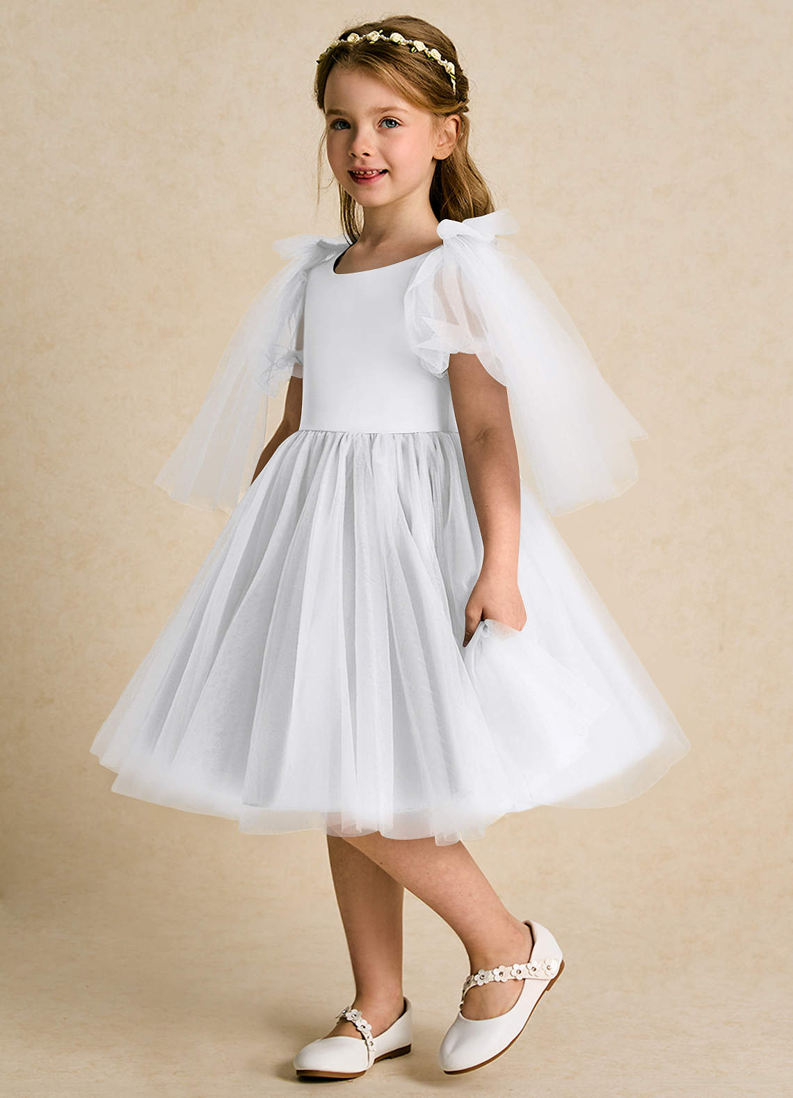 Azazie Duchess Flower Girl Dresses White A-Line with Sleeves Tulle Dress image1