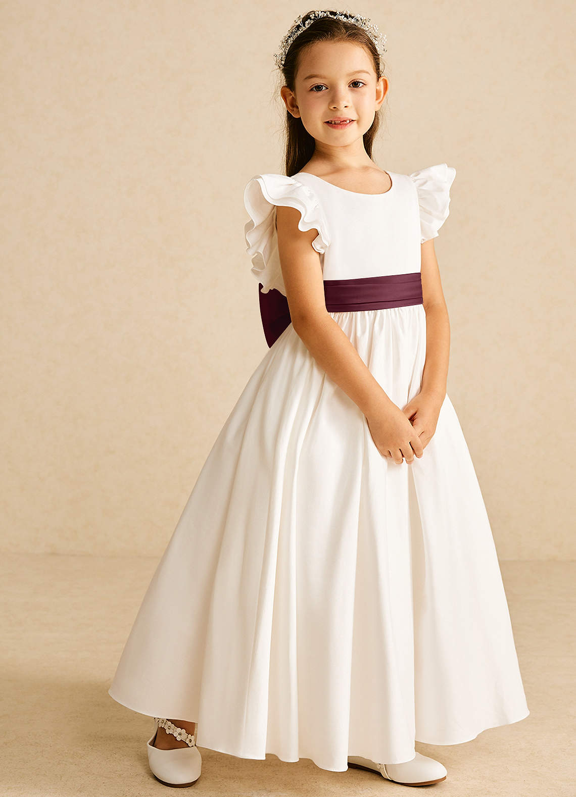 Azazie Aero Flower Girl Dresses Ivory Cabernet A-Line Pleated Cotton Dress image4