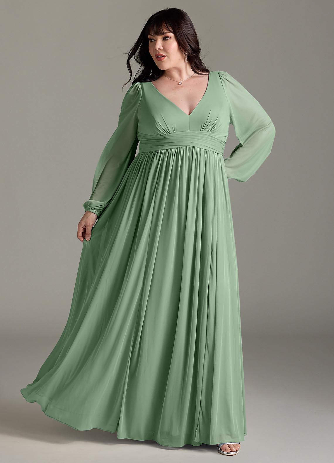 Azazie Norah Abiti da Damigella Abito A-Line in Chiffon con Maniche lunghe e Scollo a V Matcha image7