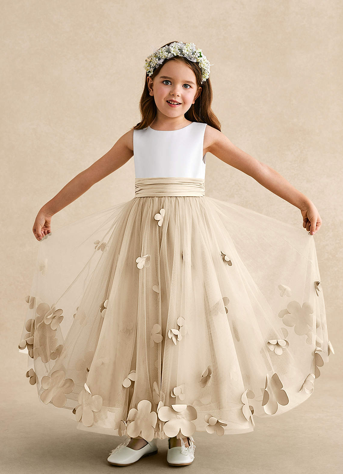 Azazie Vi Flower Girl Dresses Champagne A-Line Sleeveless Tulle Dress image4
