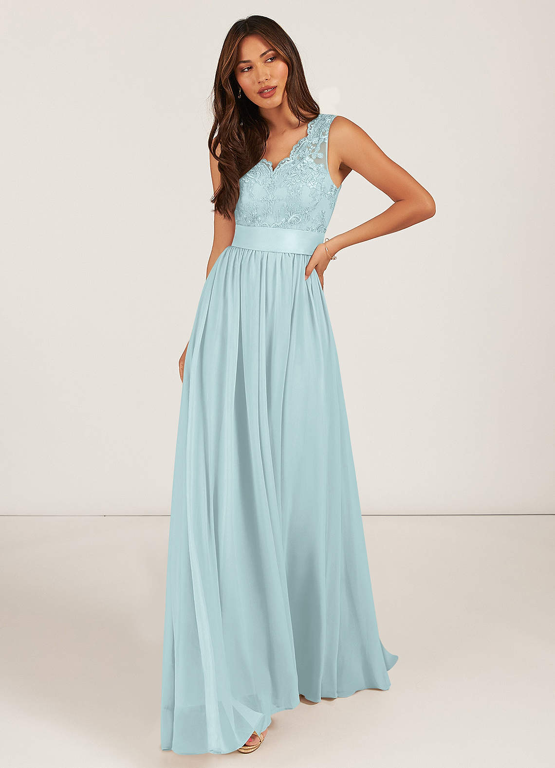 Azazie Gertrude Bridesmaid Dresses Mist A-Line Lace Chiffon Dress image1