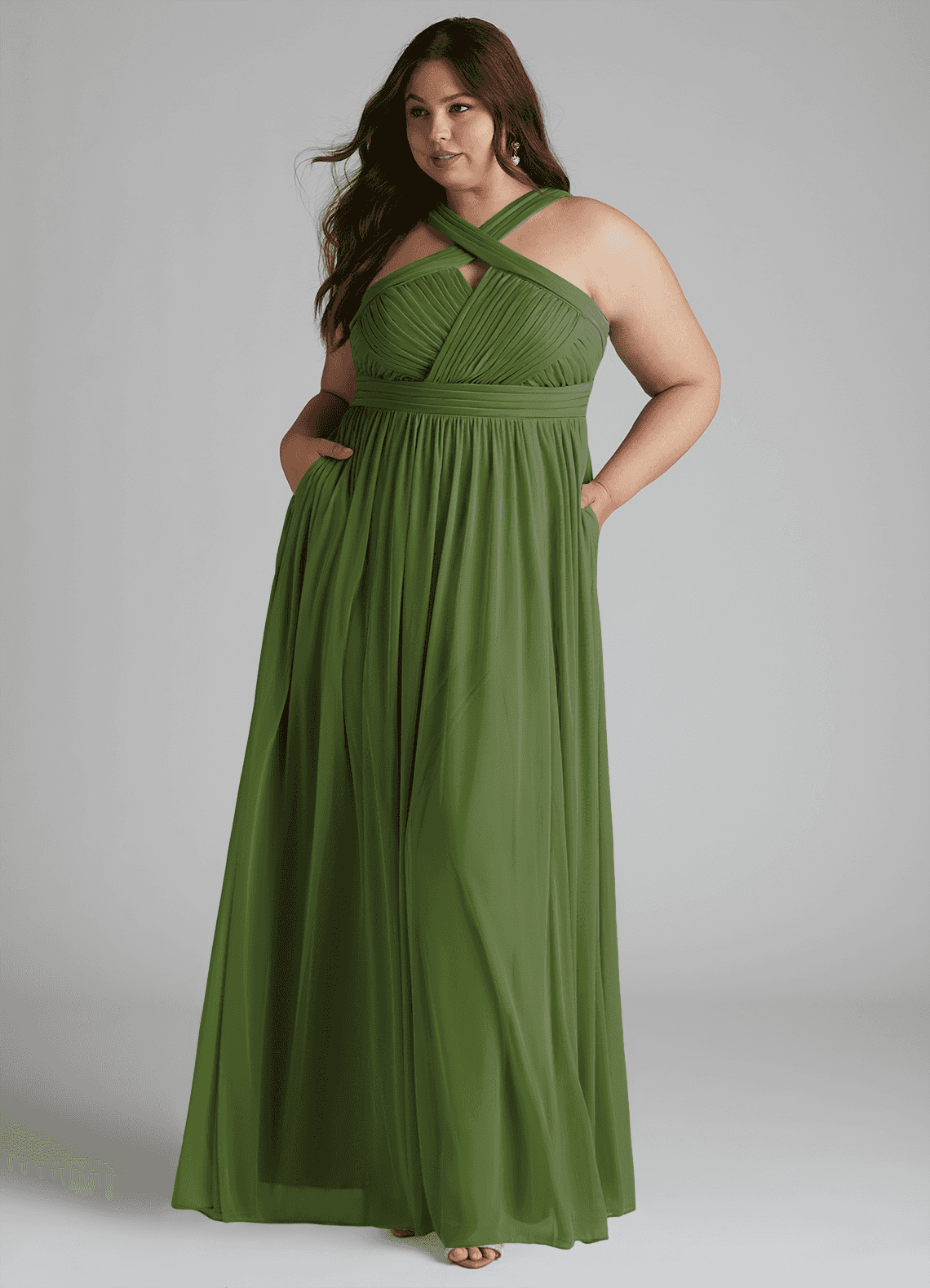 Azazie Hillian Bridesmaid Dresses Olive A-Line Halter Pleated Mesh Dress image1