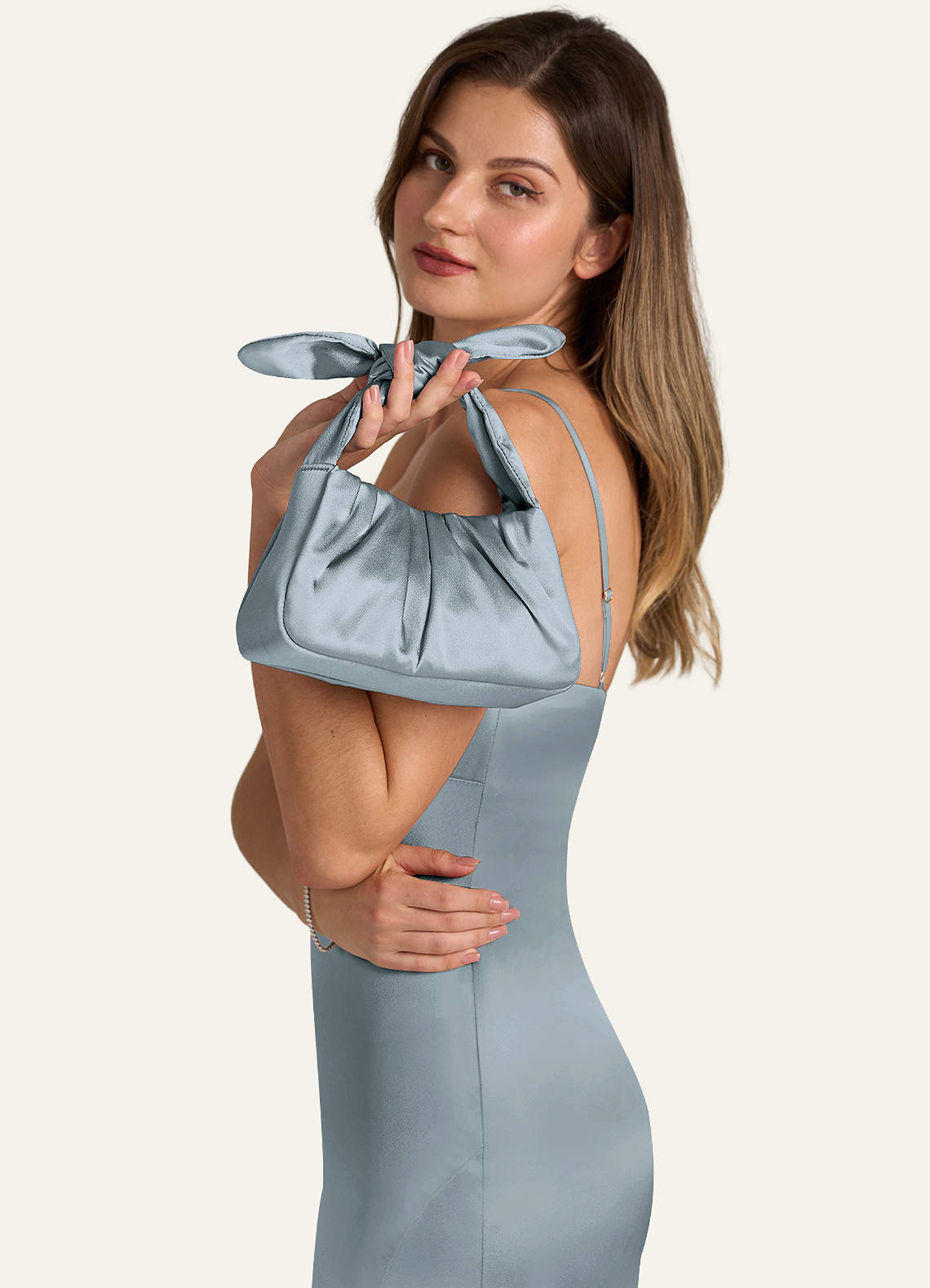 front Matching Color Metallic Satin Knotted Handle Handbag