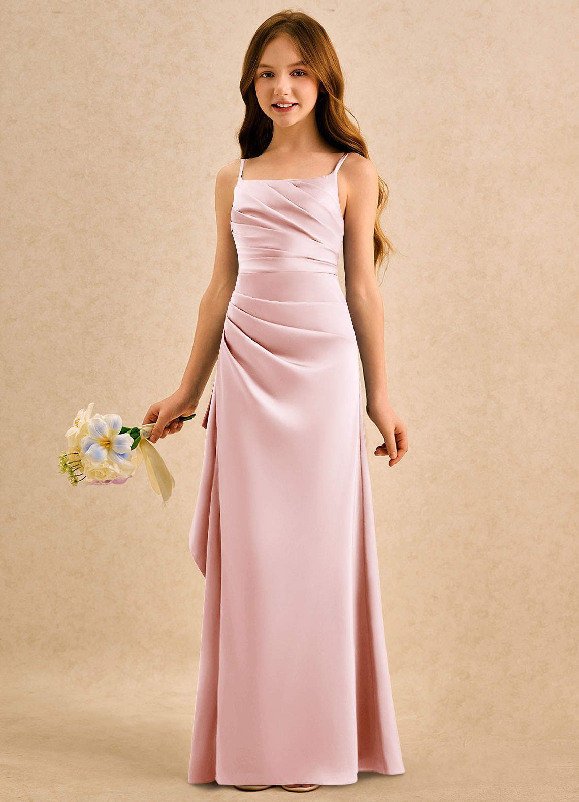Azazie Cannoli Girls Formal Blomsterpigekjoler A-Line Plisseret Stræk satin Gulv-længde Kjole image3