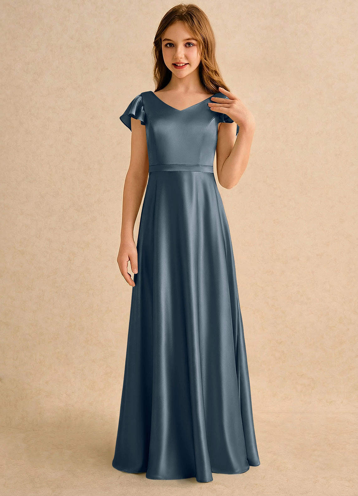 Azazie Nari Girls Formal Sprzedaż ostateczna Linia A z rękawami Satyna elastyczna Długość podłogi Sukienka image4