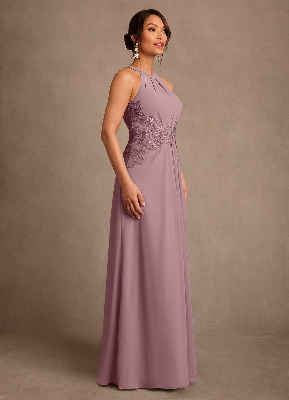 Azazie Georgie Vestidos para mãe da noiva Vestido Rosa Empoeirada de Chiffon de Linha A com Renda image1