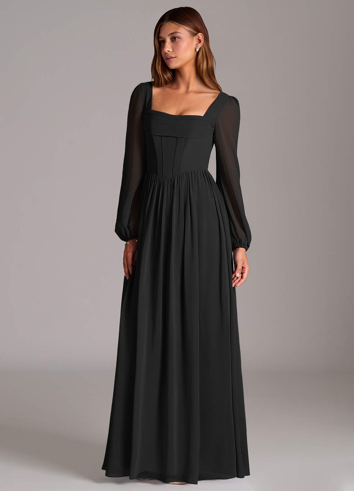 Azazie Hattie At-home Try On Dresses Black A-Line Corset Chiffon Dress image1