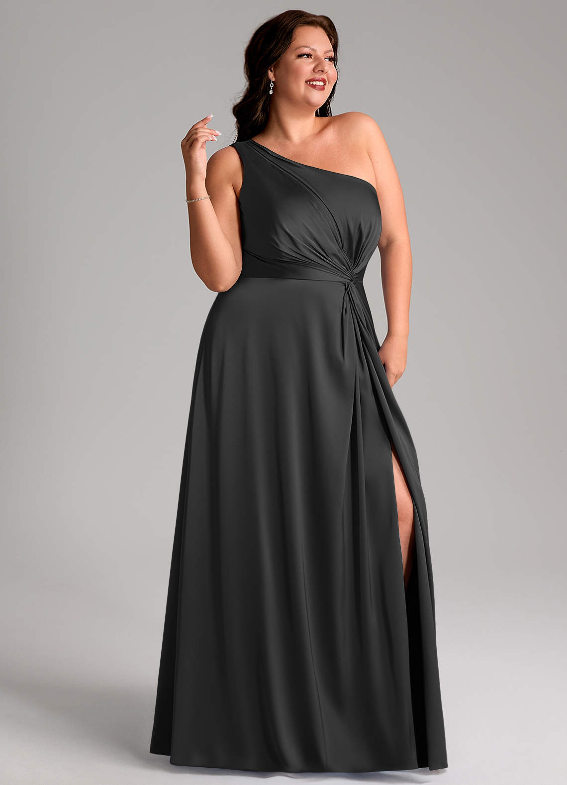 Azazie Brooke Bridesmaid Dresses Black A-Line One Shoulder Stretch Satin Dress image10