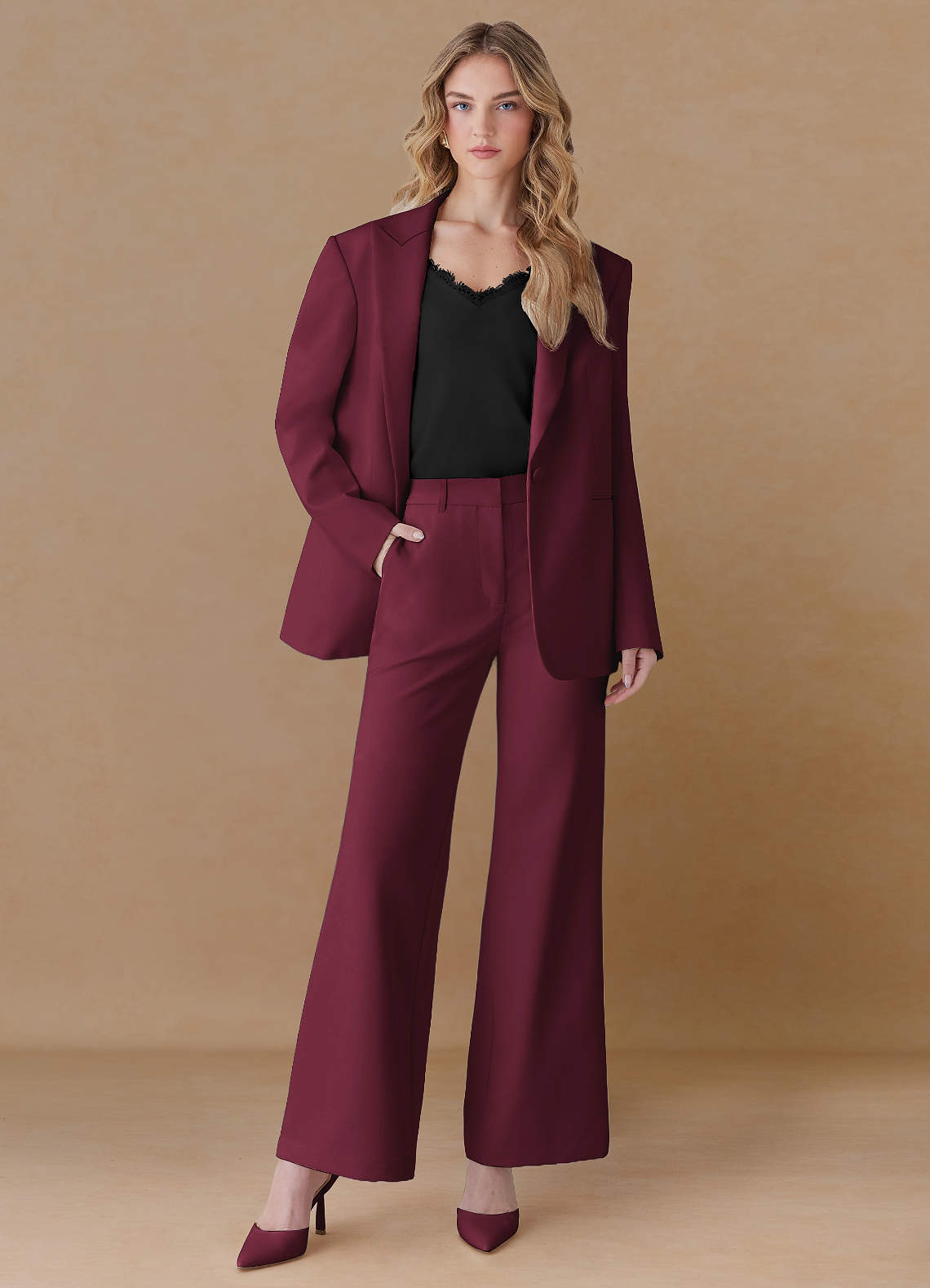 front Amelia Bourgogne Raffineret vævet performance oversized blazer