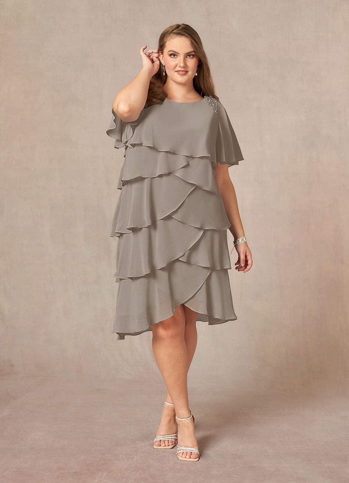 Azazie Rita Mother of the Bride Dresses Taupe A-Line Scoop Beaded Chiffon Dress image1