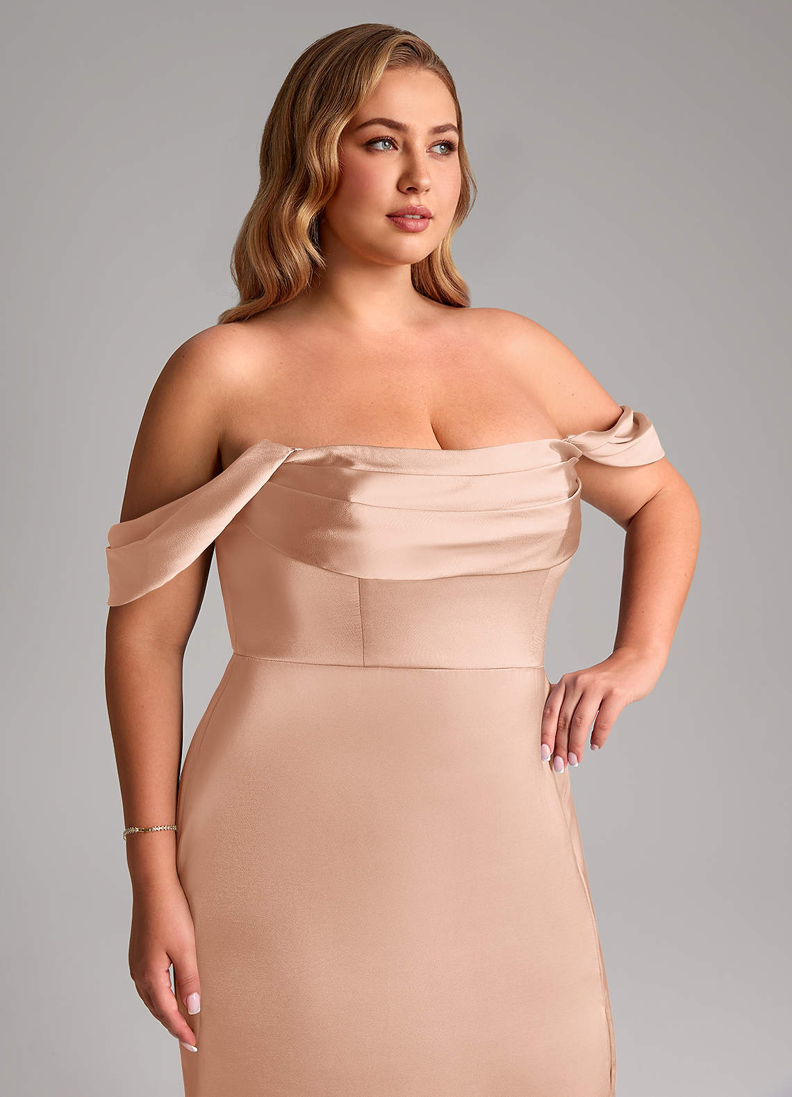 Azazie Saige Bridesmaid Dresses Rose Gold Sheath Off the Shoulder Stretch Satin Dress image13