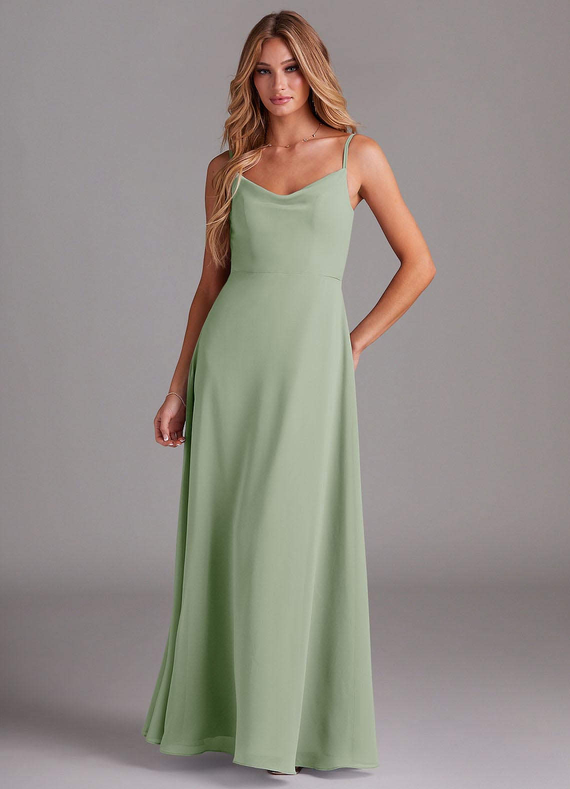 Azazie Daenerys Bridesmaid Dresses Dusty Sage A-Line Cowl Chiffon Dress image1