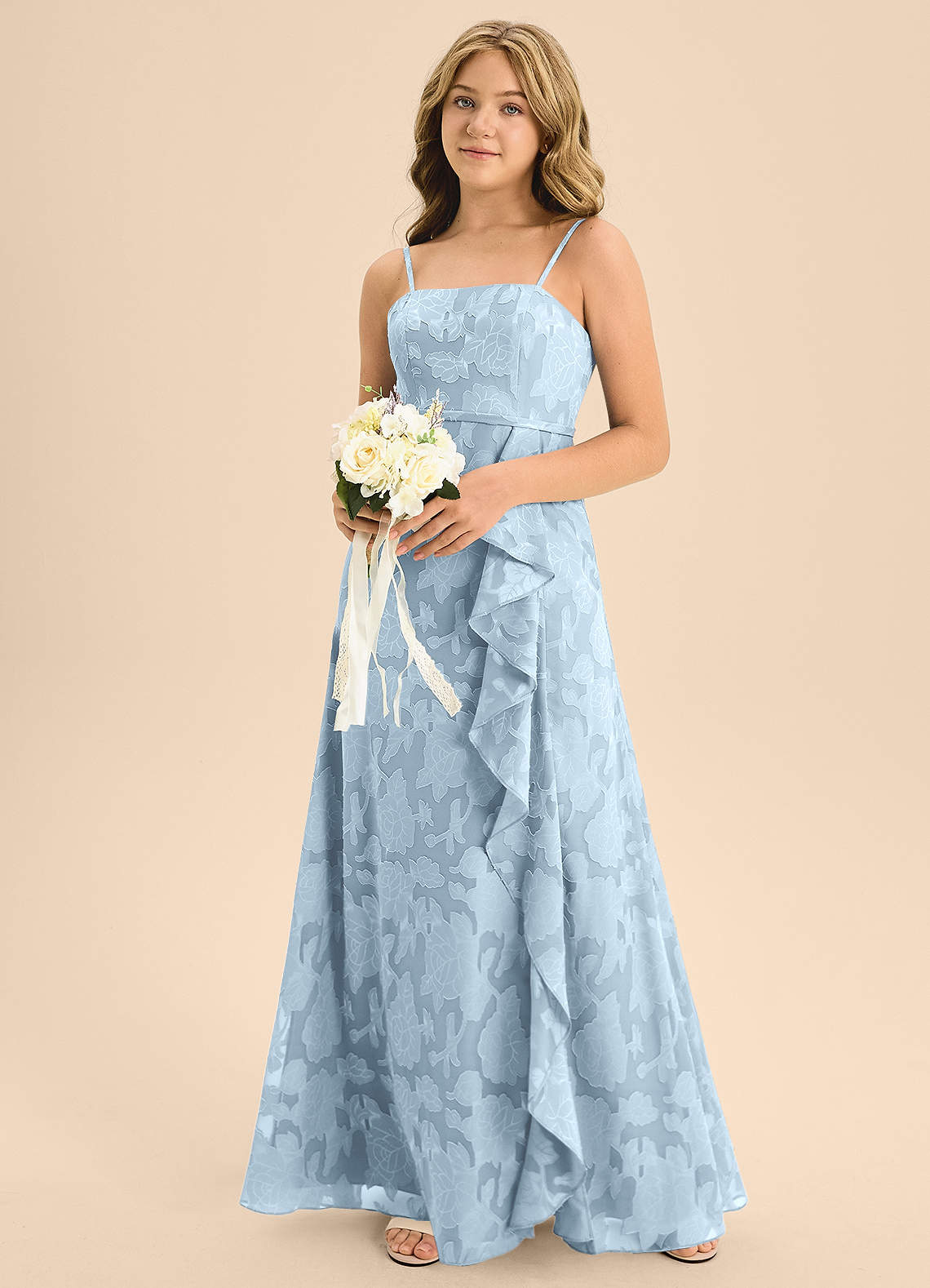 Azazie Kaylee Junior Vestido de Azul Cielo de Devorado Floral de Corte En A con Con cinturón image5