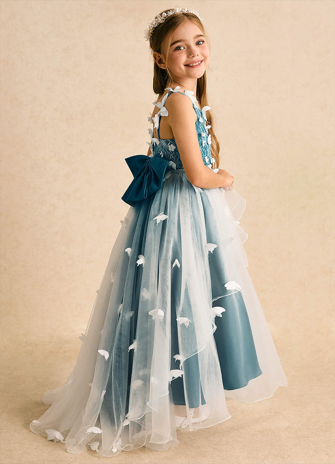 Azazie Darlina Flower Girl Dresses Ivory Ink Blue Ball-Gown Lace Tulle Dress image1