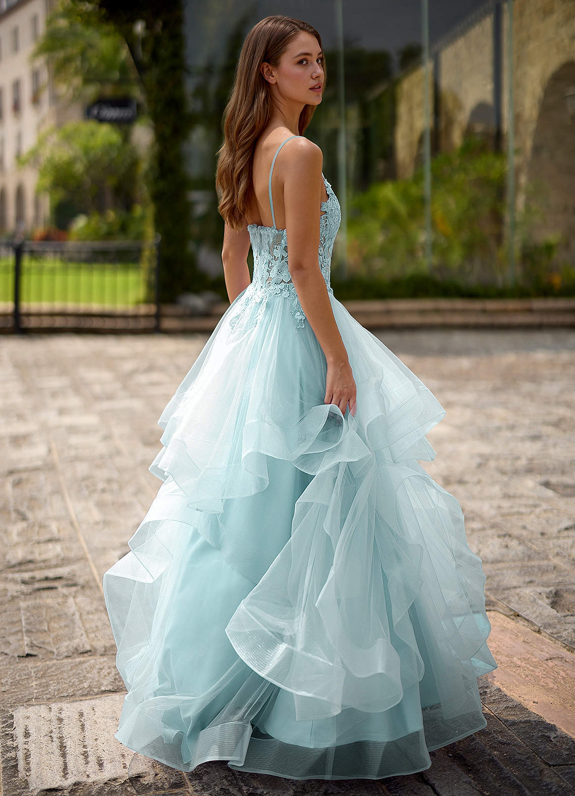 Spitze Blauw Doorschijnende kanten galajurk image1