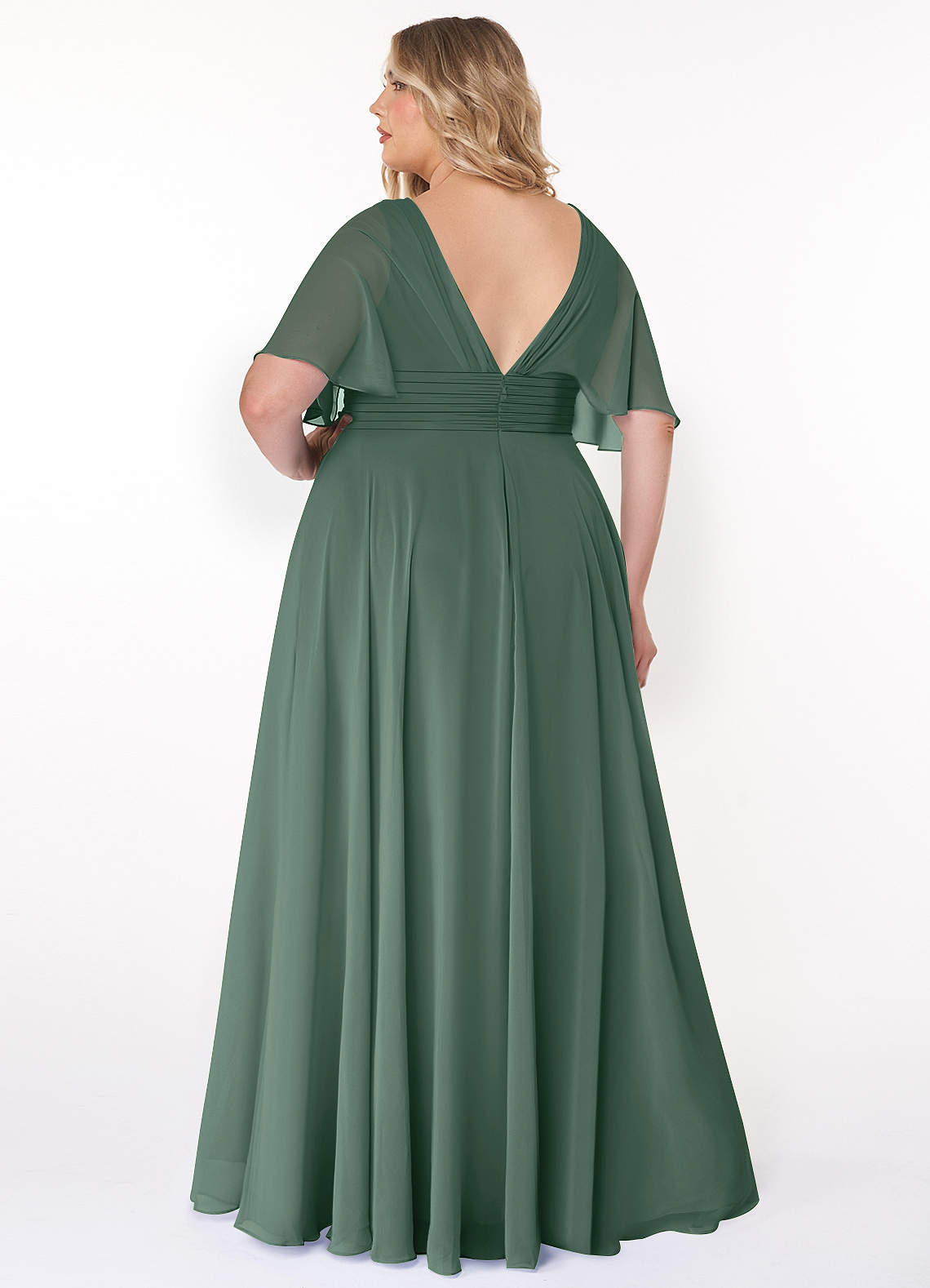 Azazie Pamela At-home Try On Dresses Dusty Blue A-Line V-Neck Pleated Chiffon Dress image6