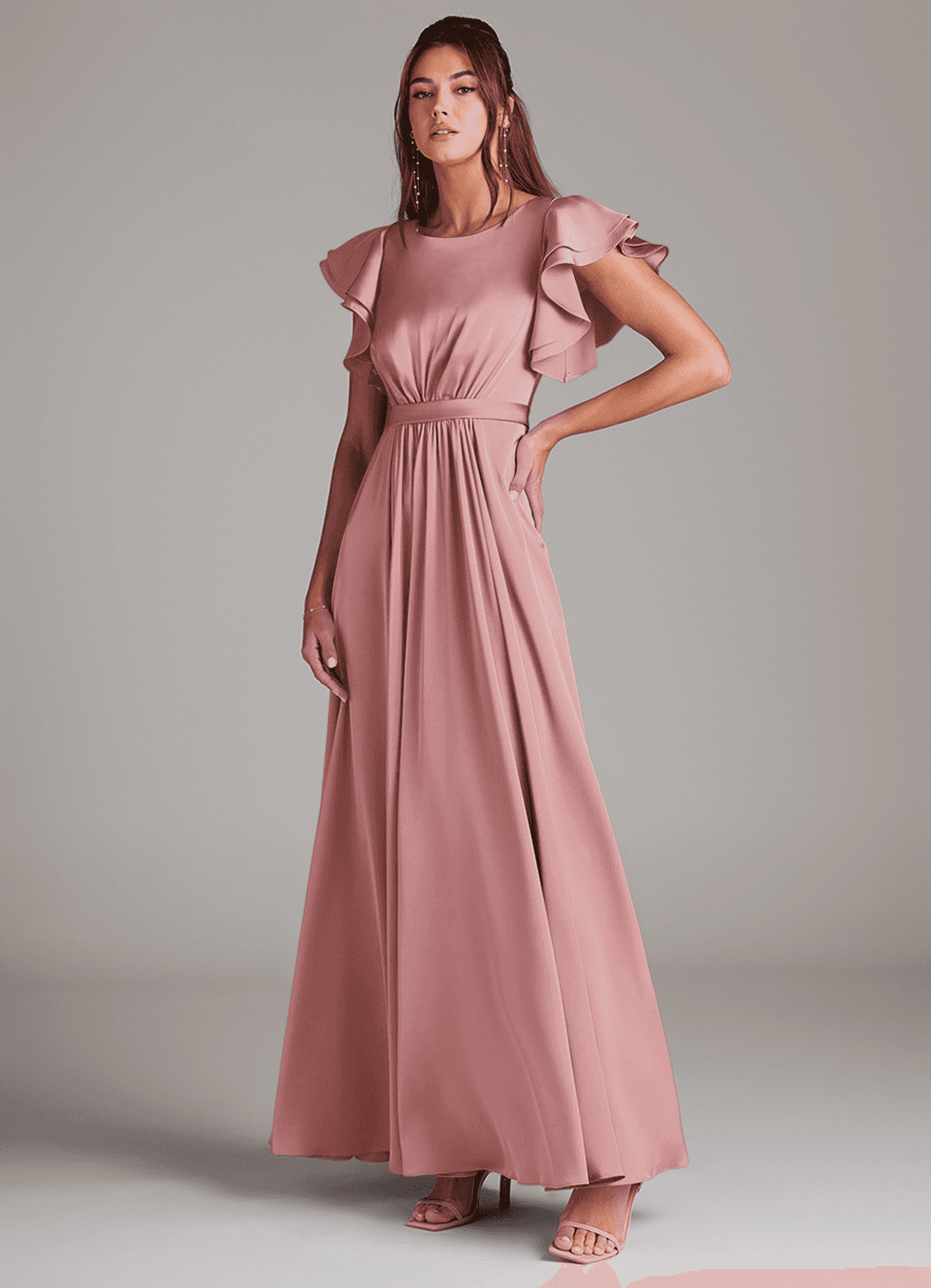 Azazie Daphne Modest Bridesmaid Dresses A-Line Ruched Stretch Satin Floor-Length Dress image1