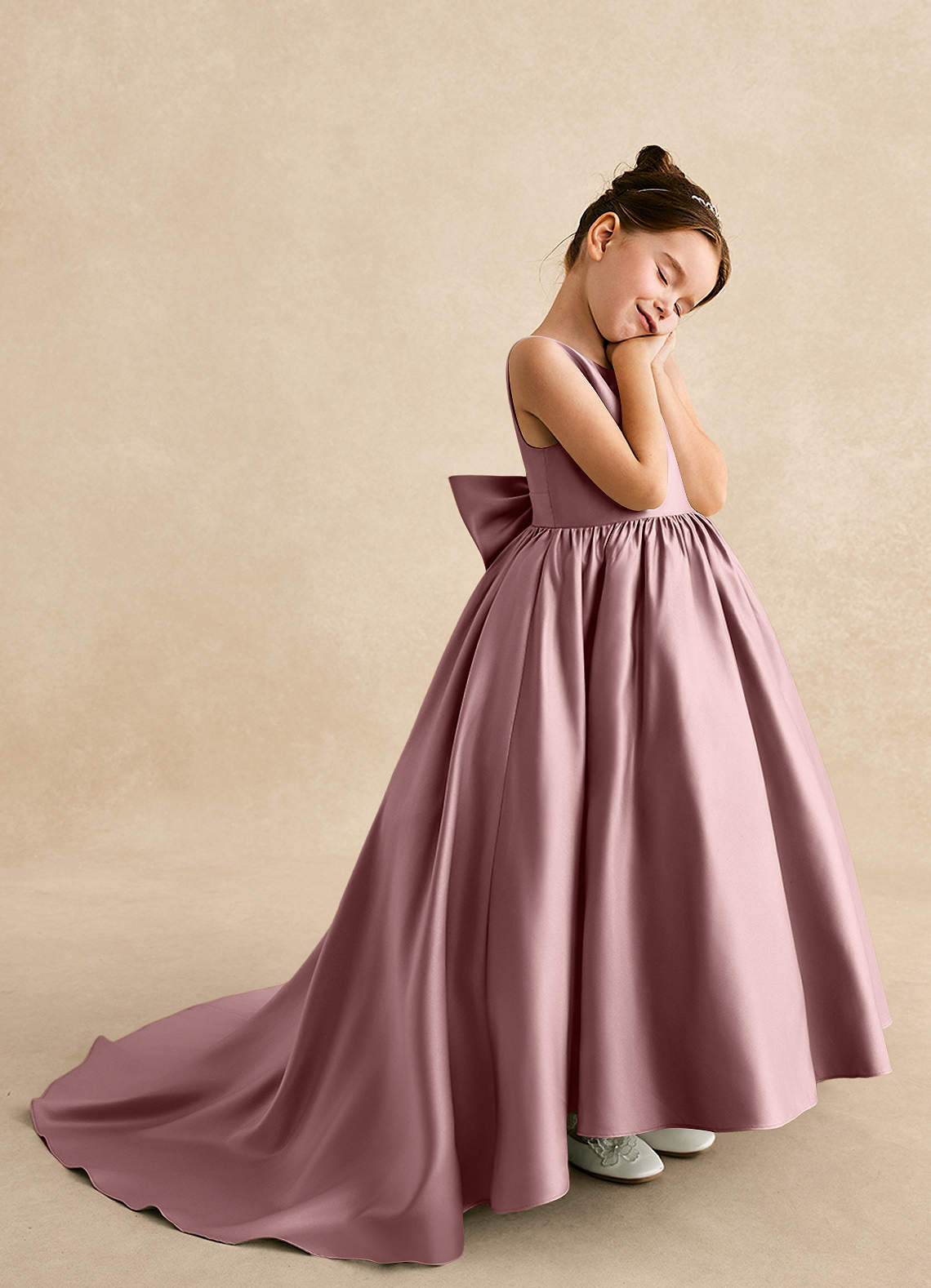 Azazie Mimia Robe Demoiselle D'honneur Fillette Robe Trapèze en Mat Satiné Arc Rose Poussiéreuse image3