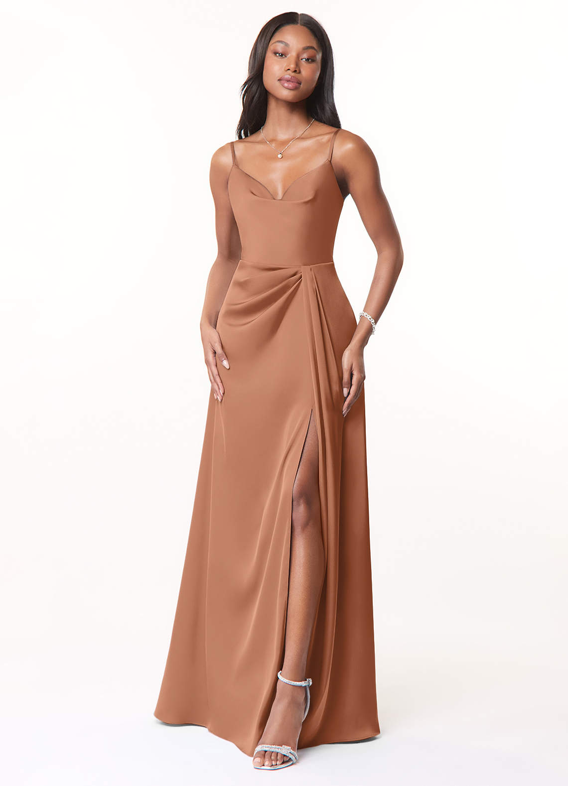 Azazie Brielle Bridesmaid Dresses Bronzer A-Line Cowl Spaghetti Straps Stretch Satin Dress image1