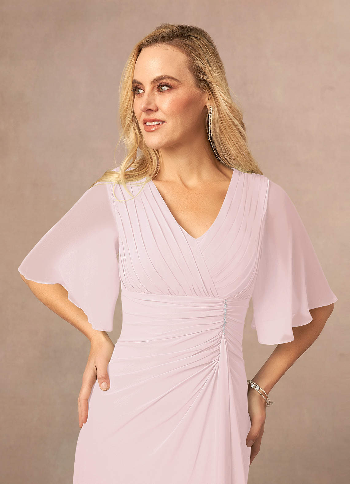 A-Line Lace Illusion Neck Short Sleeves Chiffon Dress Blushing Pink