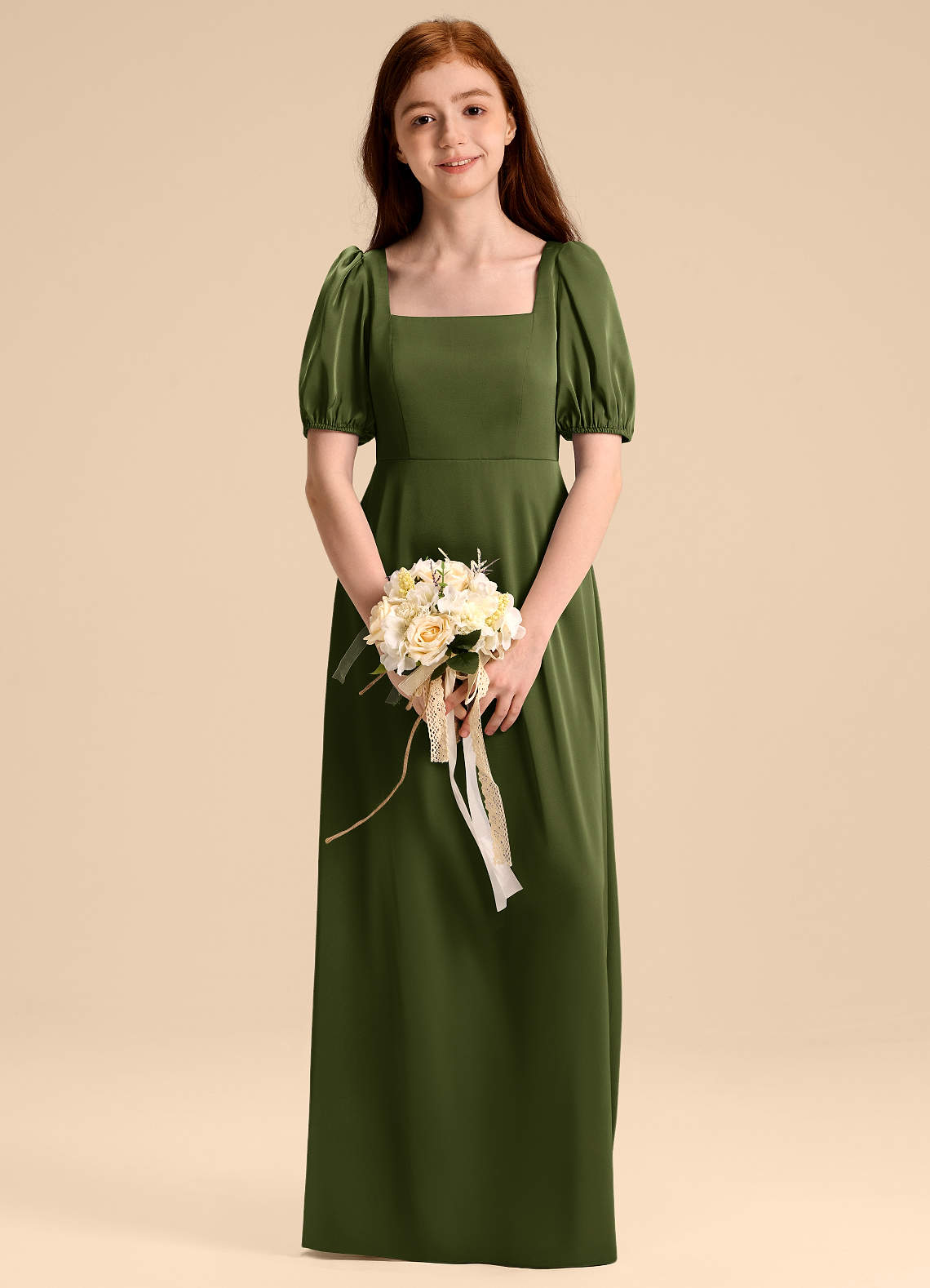 Azazie Briar Junior Robe Trapèze en Satin extensible Arc Olive image1