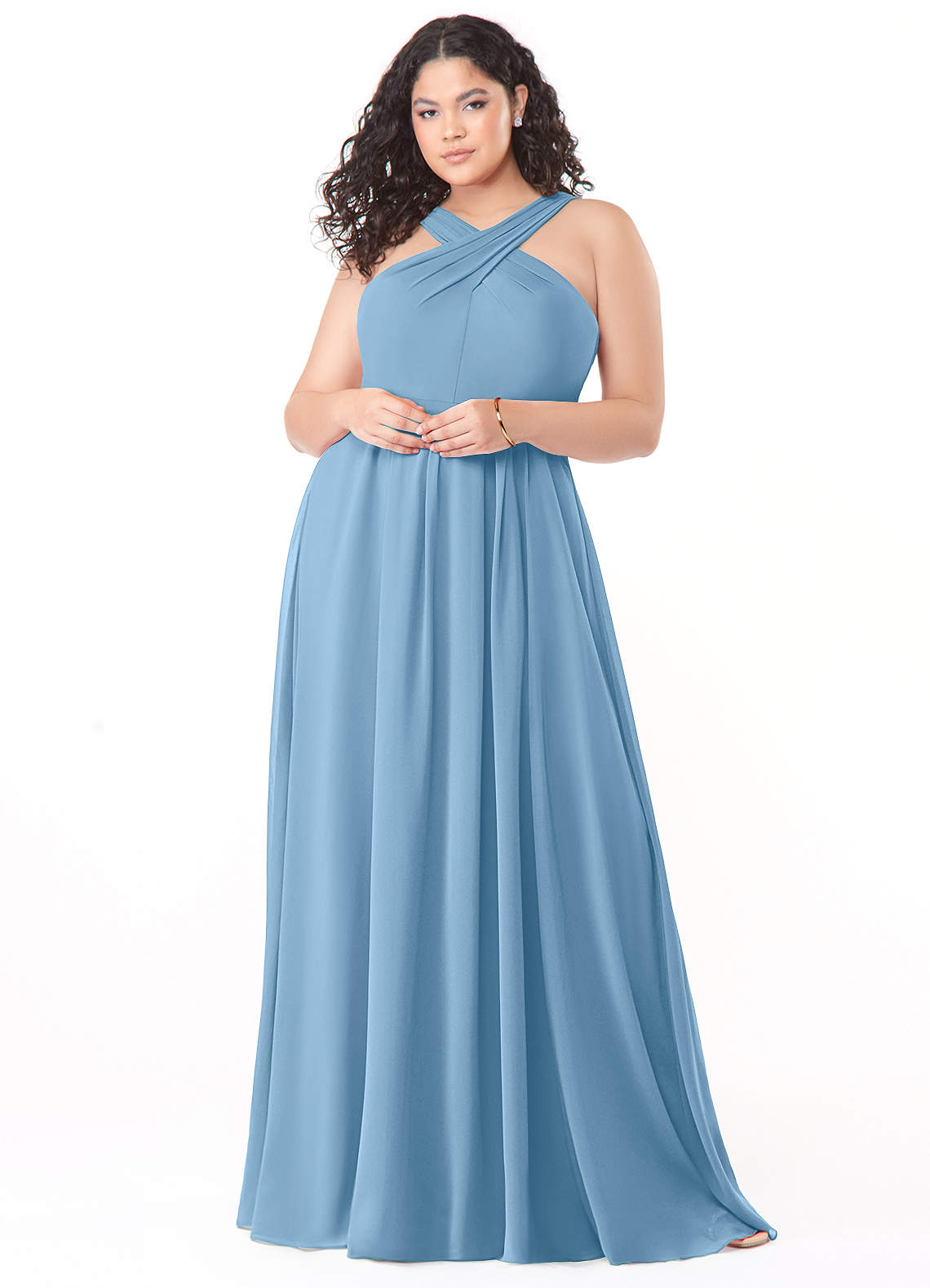 Azazie Dixie Bridesmaid Dresses Steel Blue A-Line Halter Pleated Chiffon Dress image1