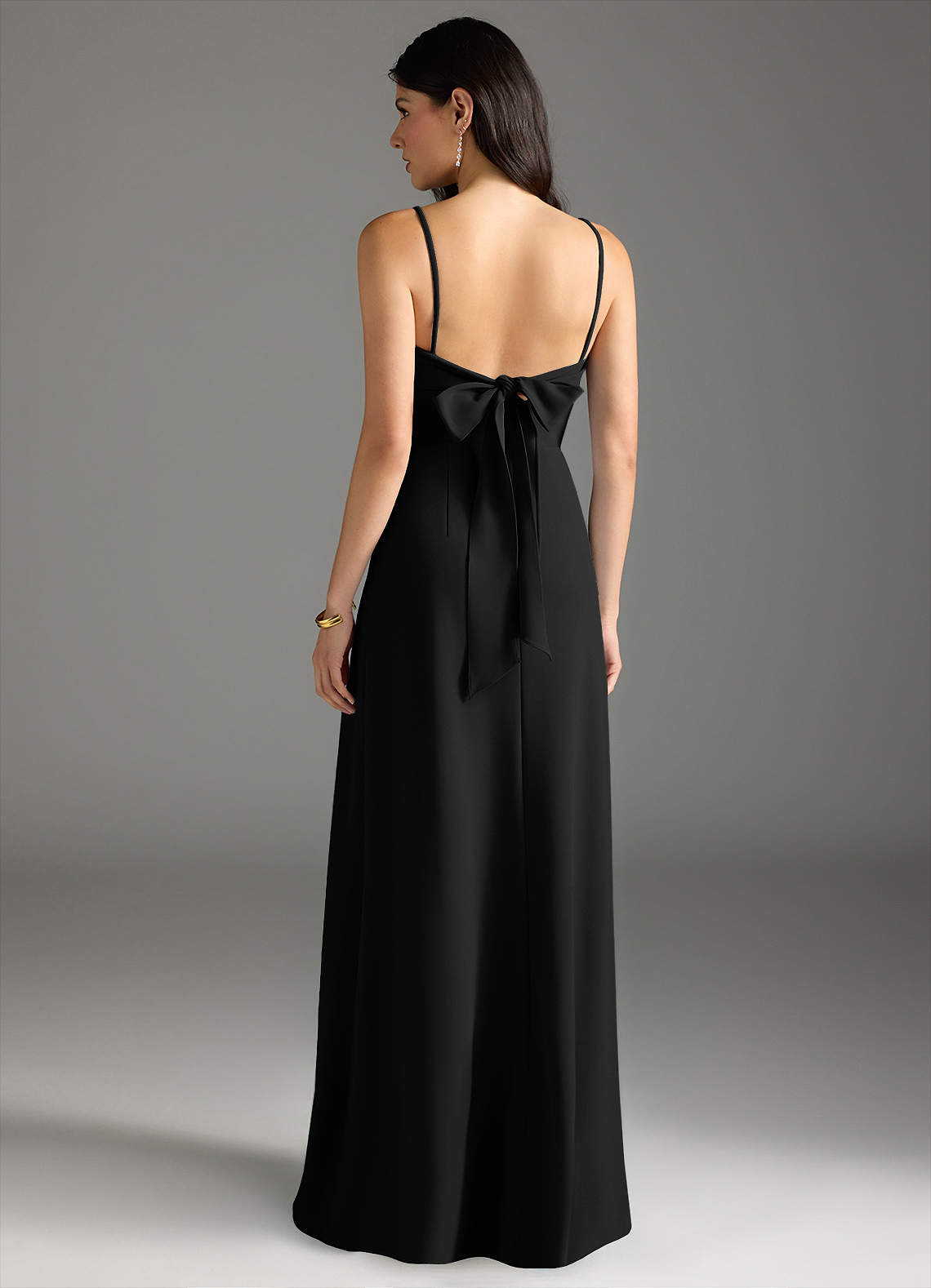 black crepe bridesmaid dress Stacees Simple Fitted Square Neck Crisscross Back Bridesmaid Dress