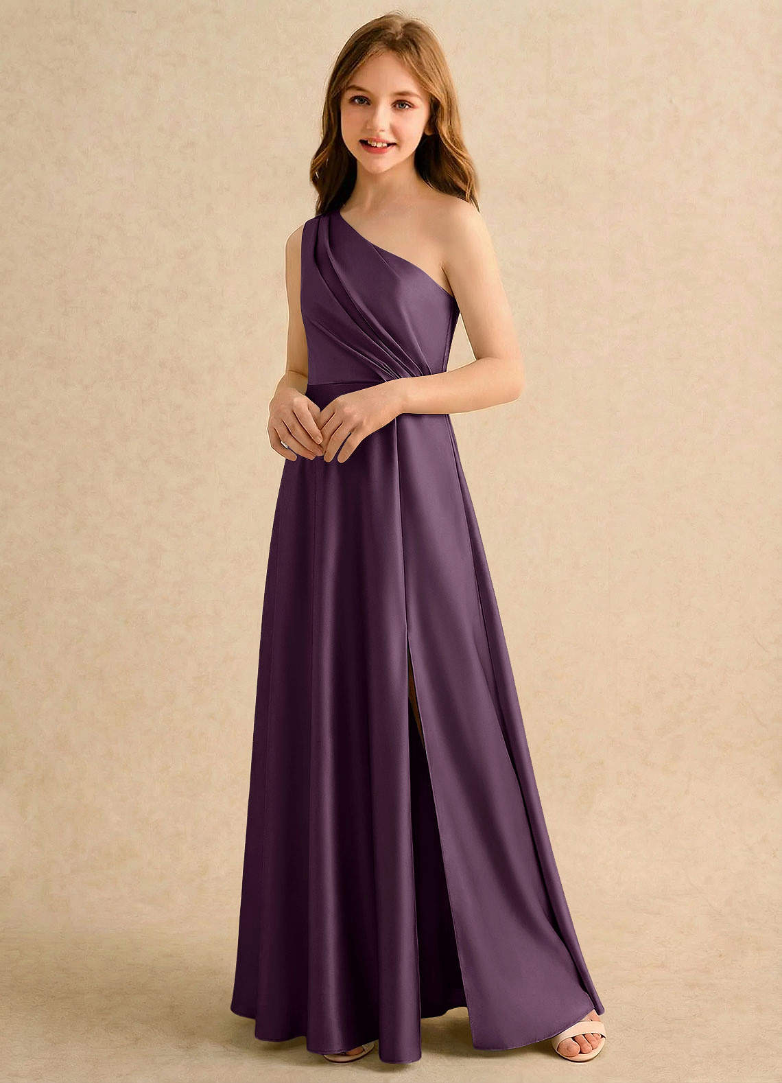 Azazie Puddles Girls Formal Flower Girl Klänningar Klä A-Line i Stretch Satin Ena axeln image3