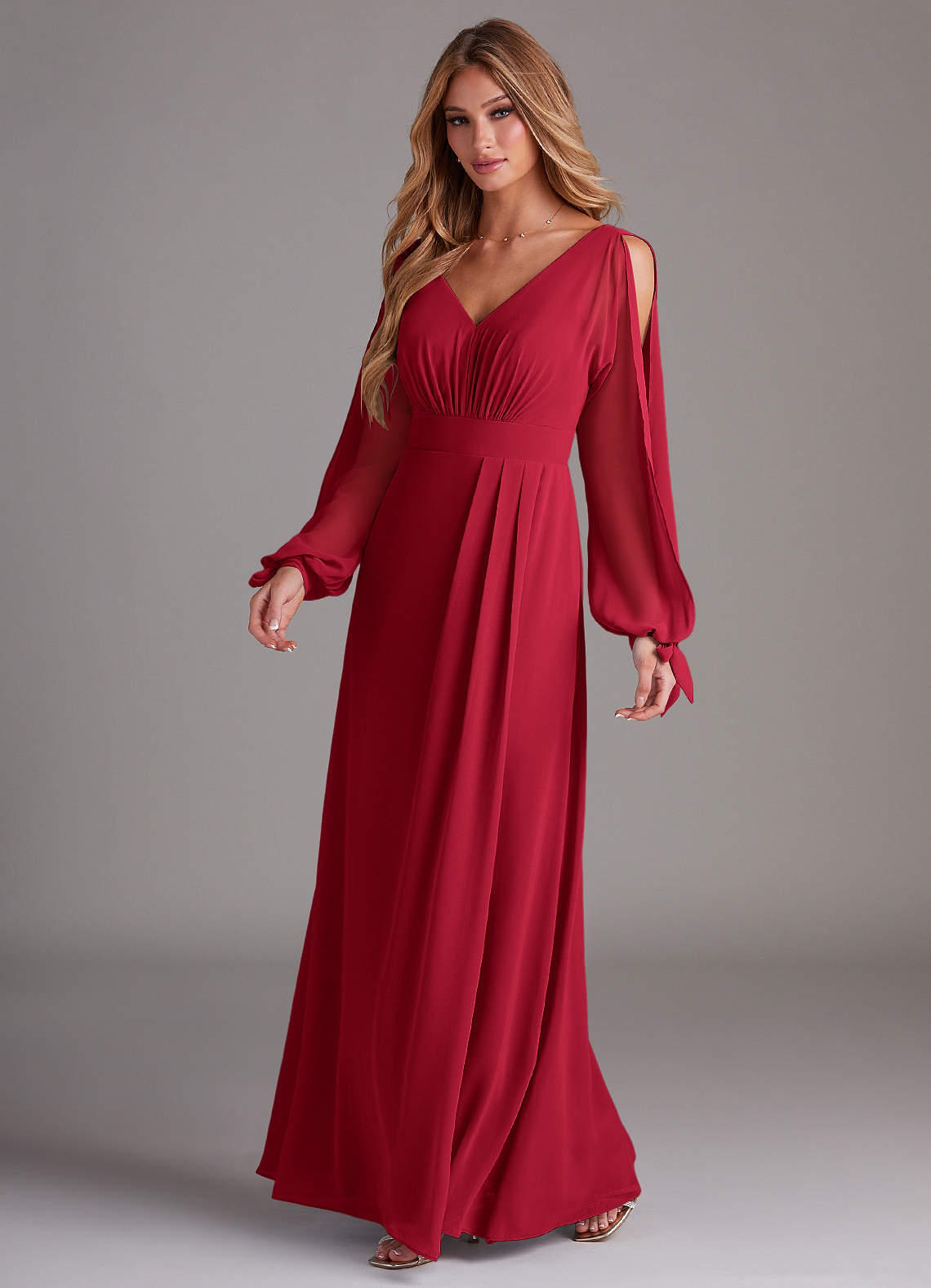 Azazie Matilda Bridesmaid Dresses Scarlet A-Line Long Sleeve Chiffon Dress image1