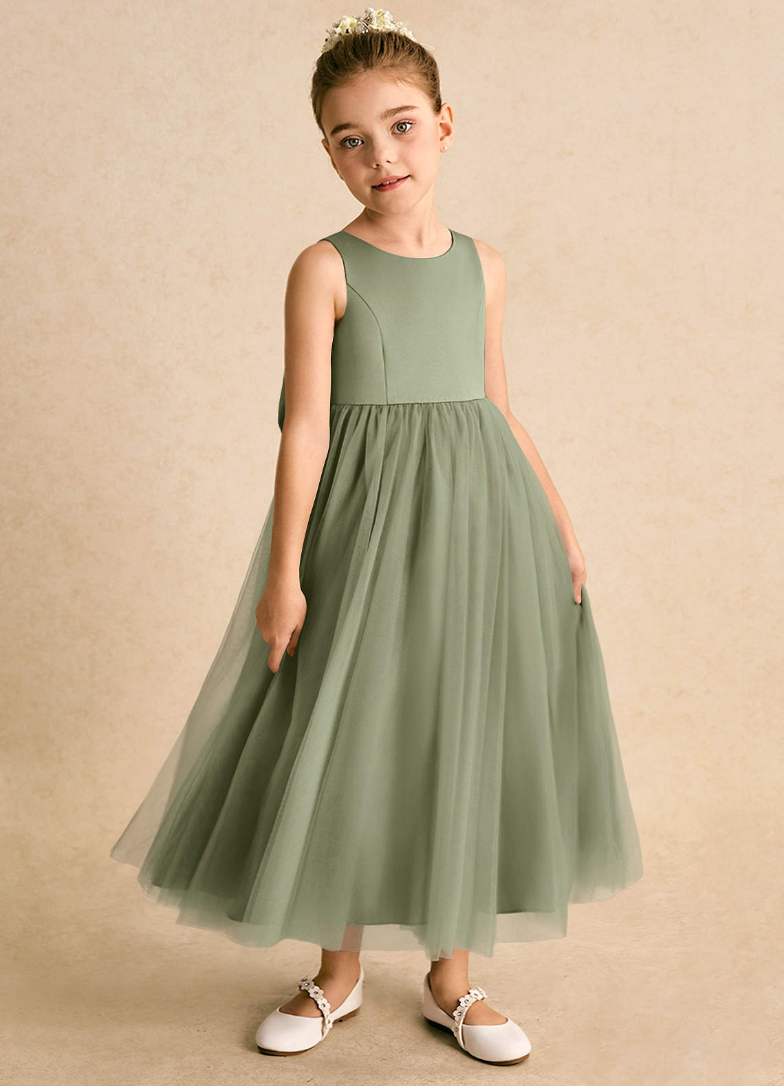 Azazie Solia Robe Demoiselle D'honneur Fillette Robe Princesse en Tulle Arc Pistache image3