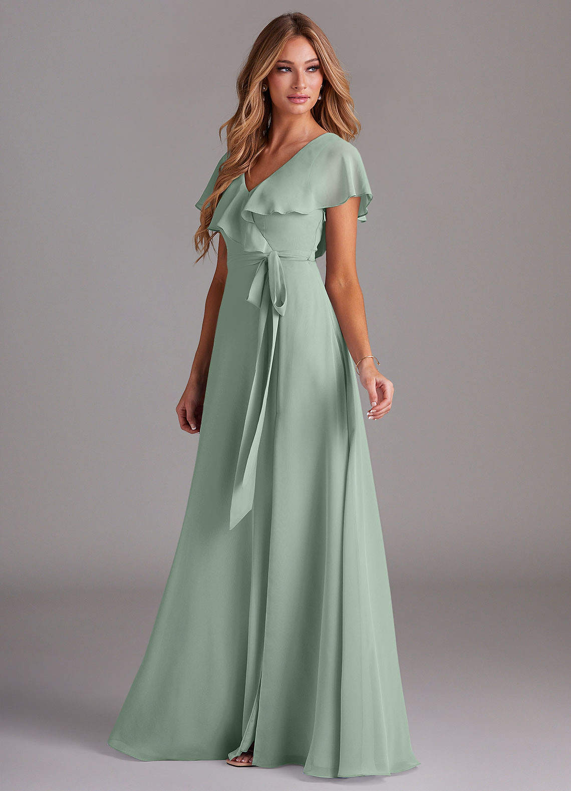 Azazie Lainey Bridesmaid Dresses Agave A-Line with Pockets Chiffon Dress image4