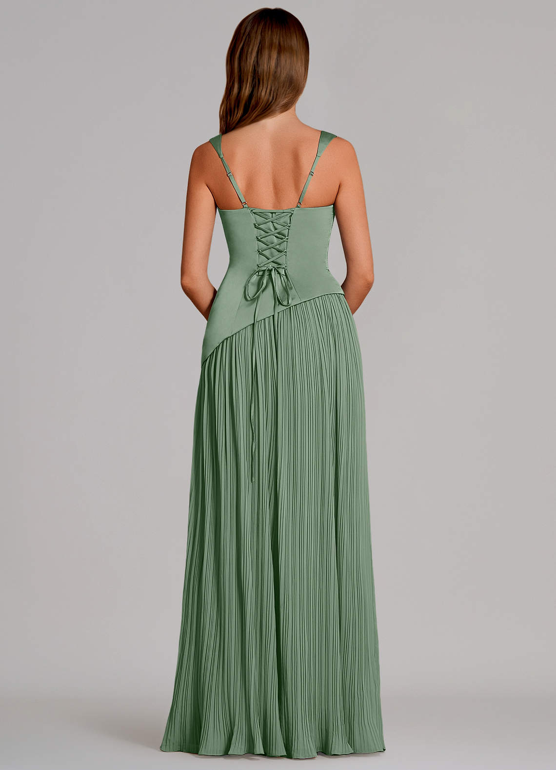 Azazie Stephanie Vestidos de damas de honor Vestido de Matcha de Satén Elástico de Corte en A con Plisado image4