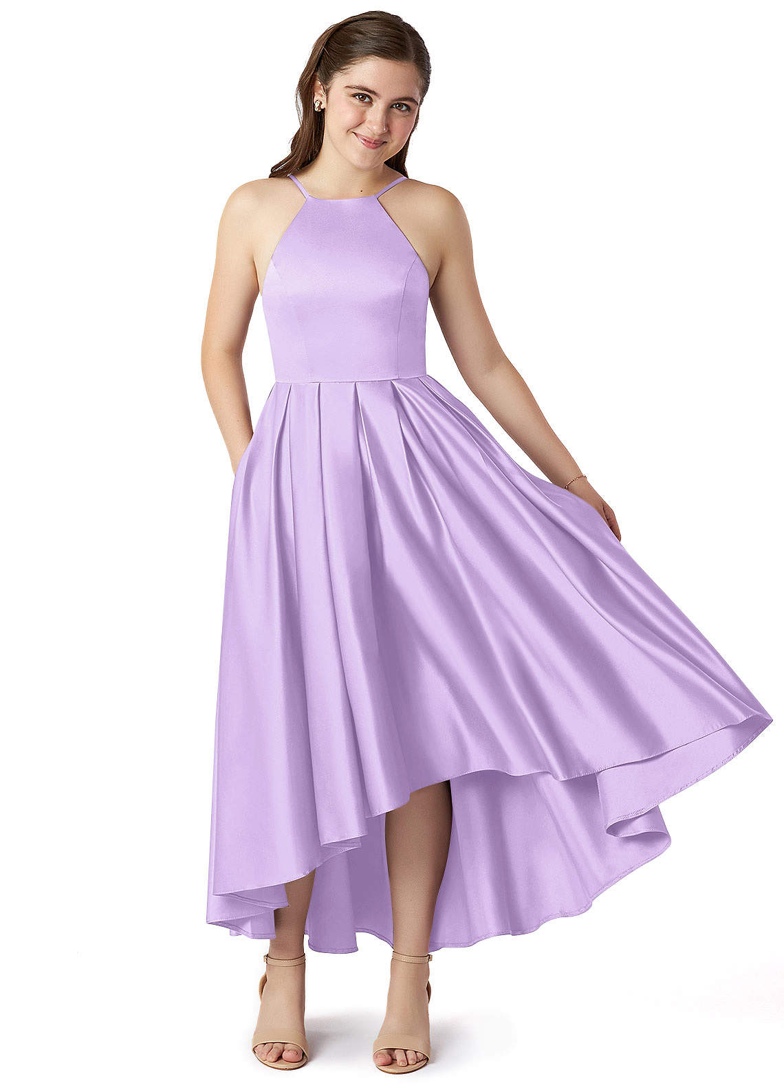 Azazie Jemima Junior A-Linie mit Taschen Stretch-Satin Kleid Flieder image1