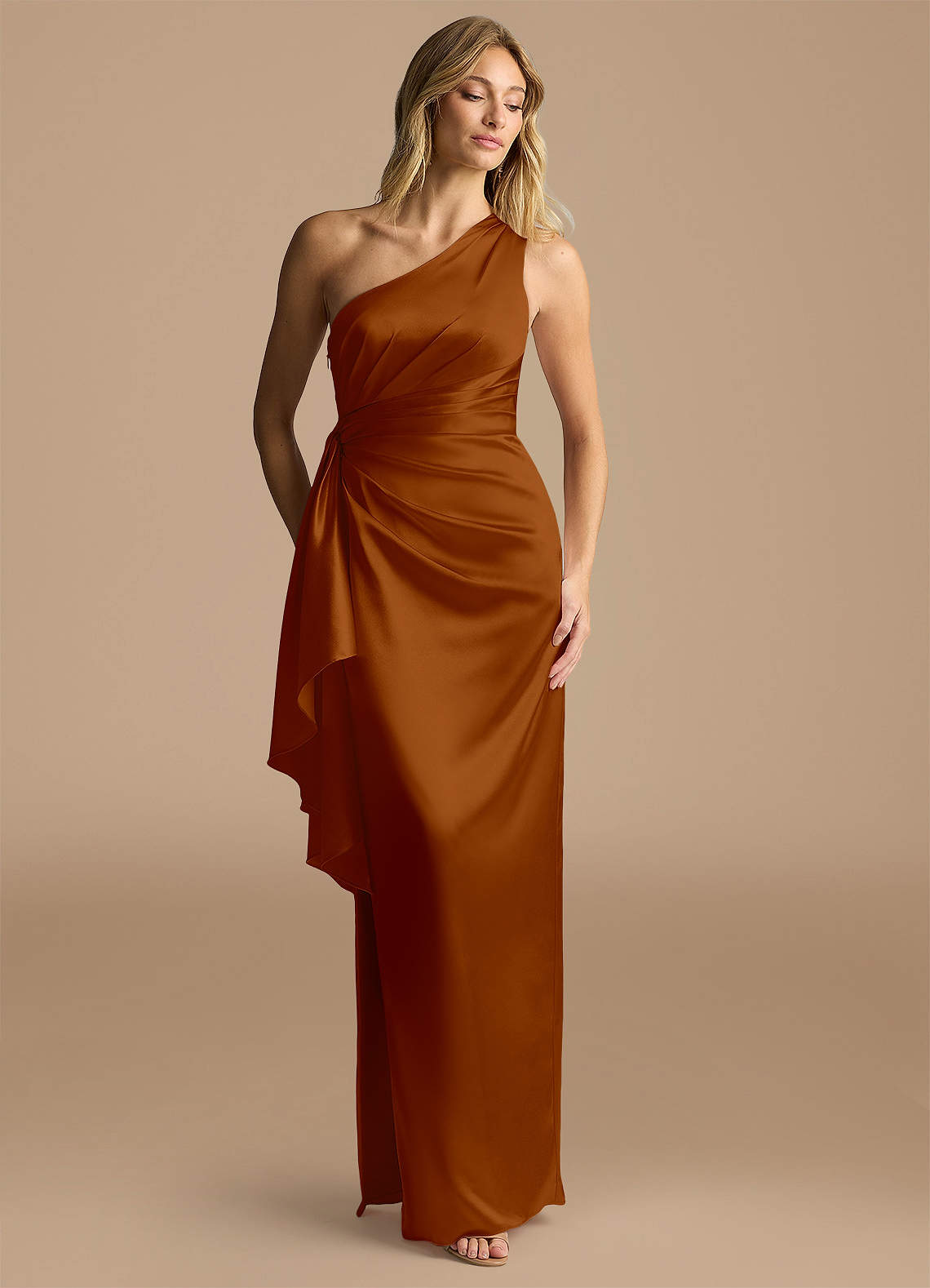 Azazie Saira Final Sale Auburn Sheath One Shoulder Metallic Satin Dress image1