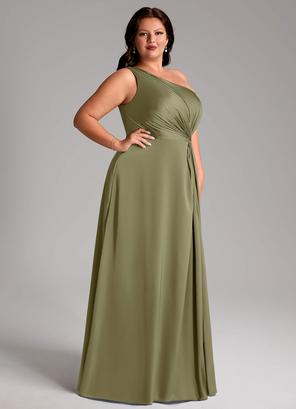 Azazie Brooke Bridesmaid Dresses Pistachio A-Line One Shoulder Stretch Satin Dress image9