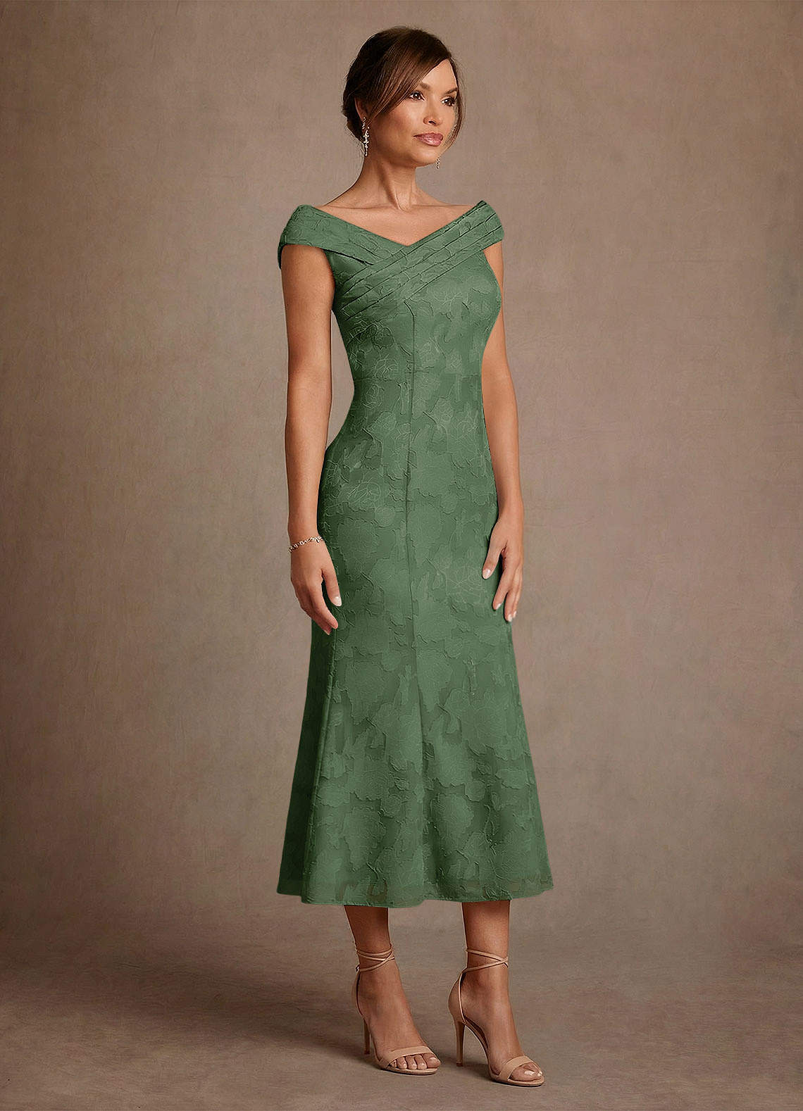 Azazie Keith Mother of the Bride Dresses Eucalyptus Sheath Pleated Floral Burnout Dress image2