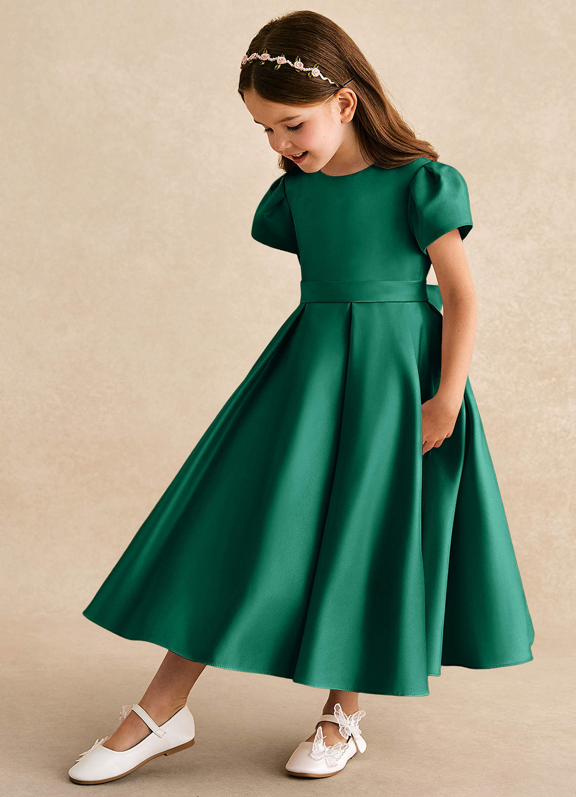 Azazie Princess Emerald A-Line Pleated Matte Satin Dress