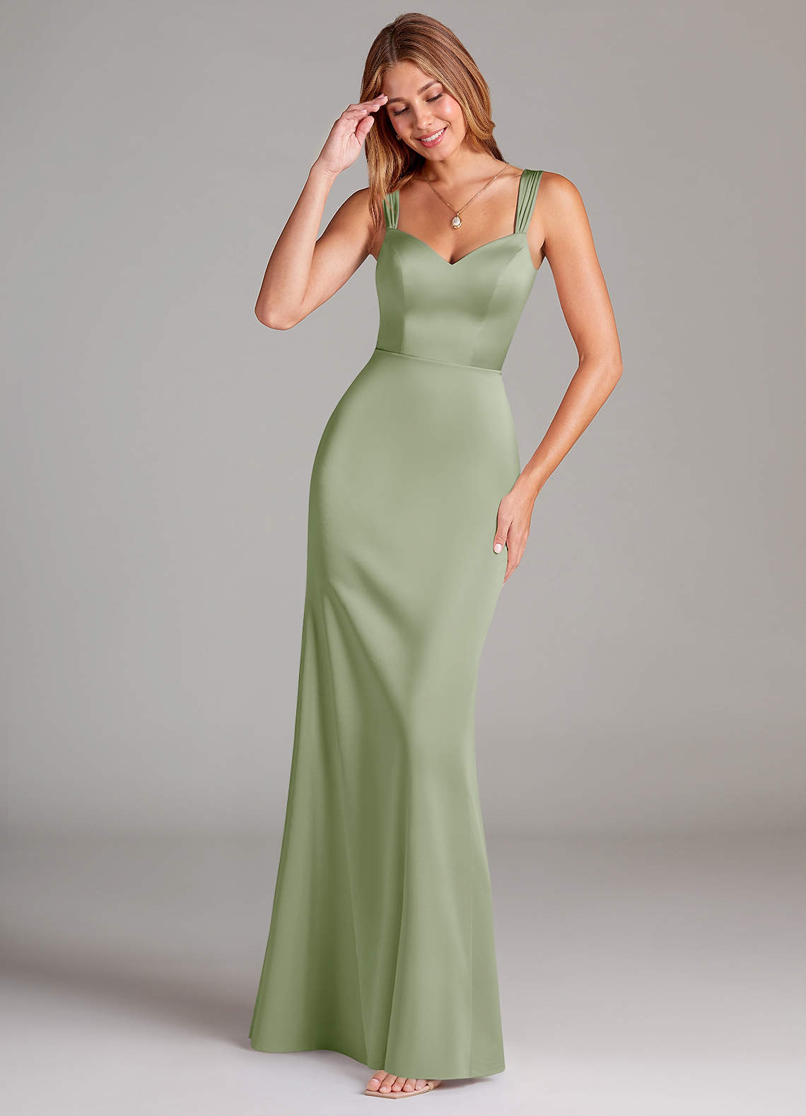 Azazie Denice Bridesmaid Dresses Dusty Sage A-Line Pleated Stretch Satin Dress image1