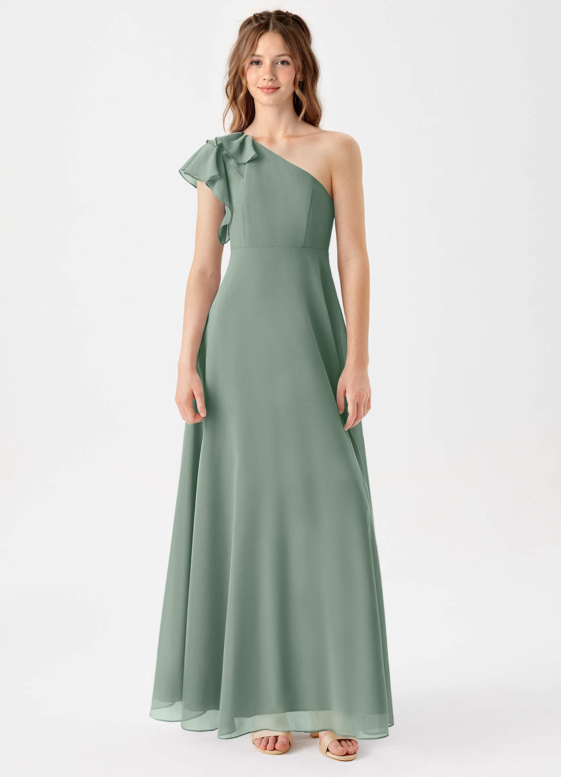 Azazie Arabella Junior Vestido Sálvia Prateada de Chiffon de Linha A com Franzido image2