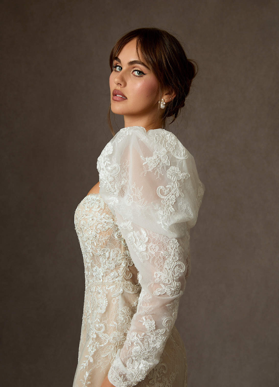 Azazie Winter Diamond White Nude A-Line Strapless Lace Dress | Azazie CA