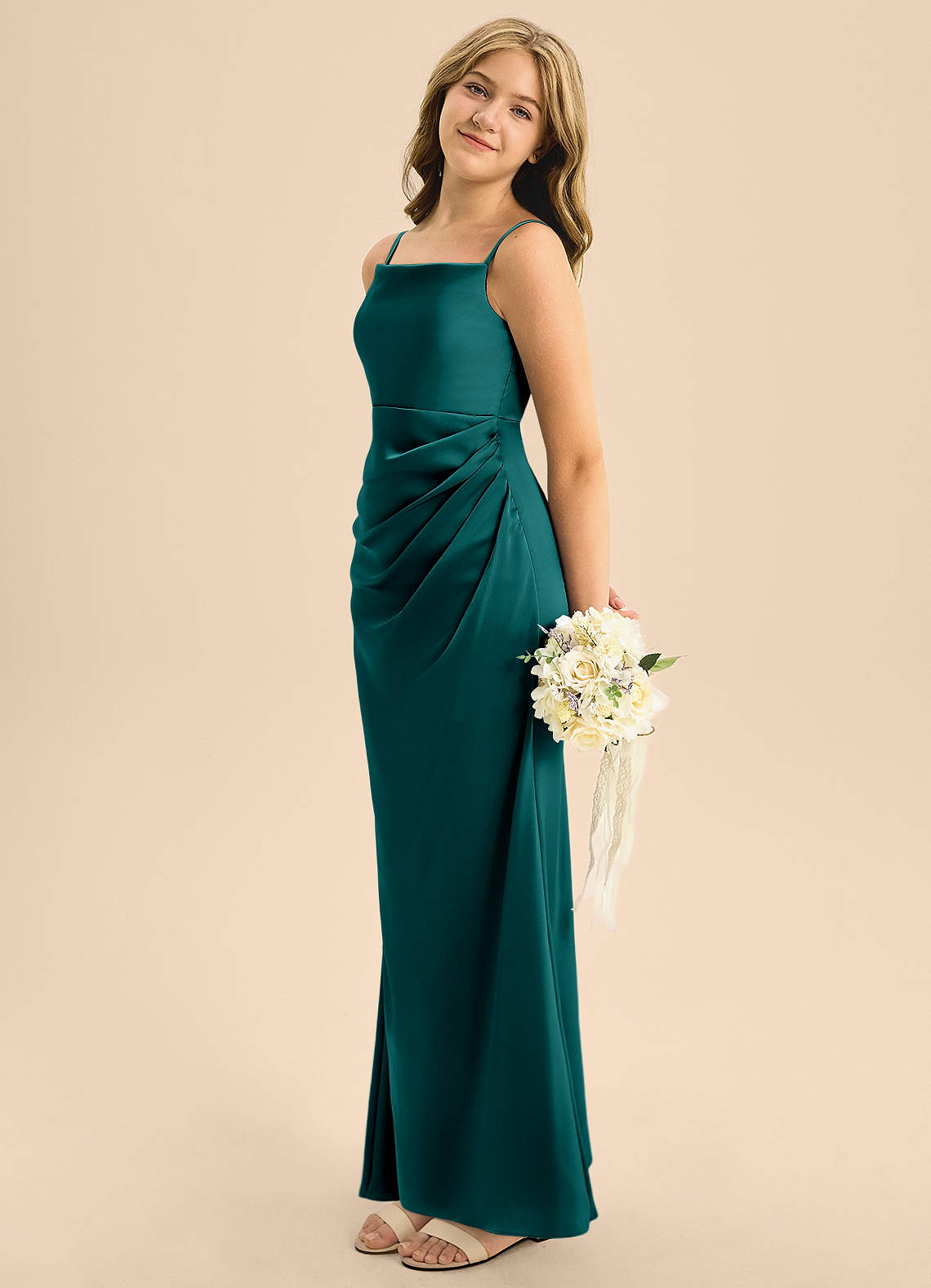Azazie Renna Junior Peacock A-Line Pleated Stretch Satin Dress image1