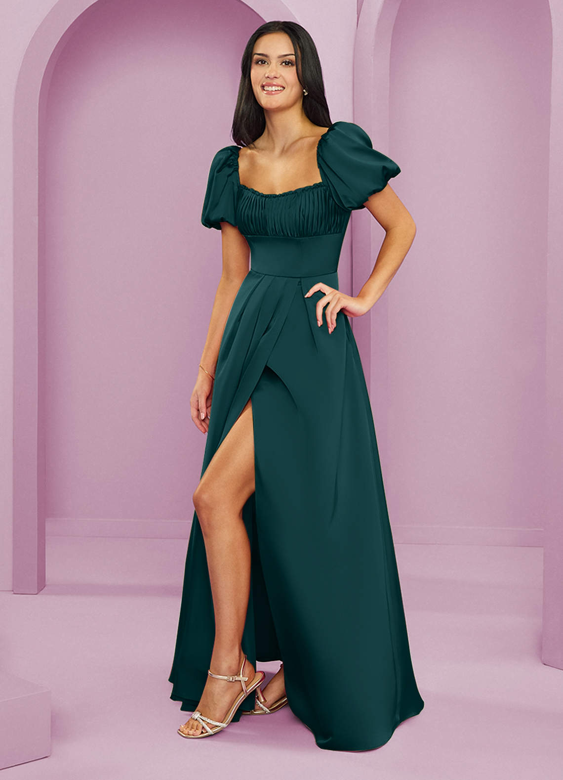 Barbie ♥ Azazie Robes de demoiselle d'honneur Robe Trapèze en Satin extensible Rayé Vert Pin image2
