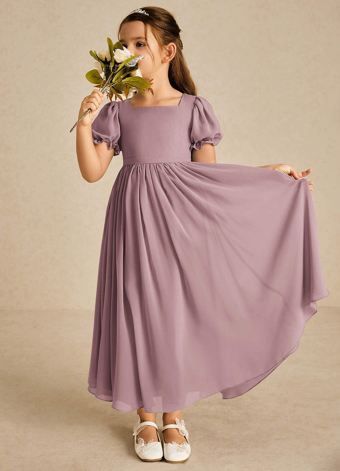 Azazie Joss Flower Girl Dresses Dusty Rose A-Line with Sleeves Chiffon Dress image1