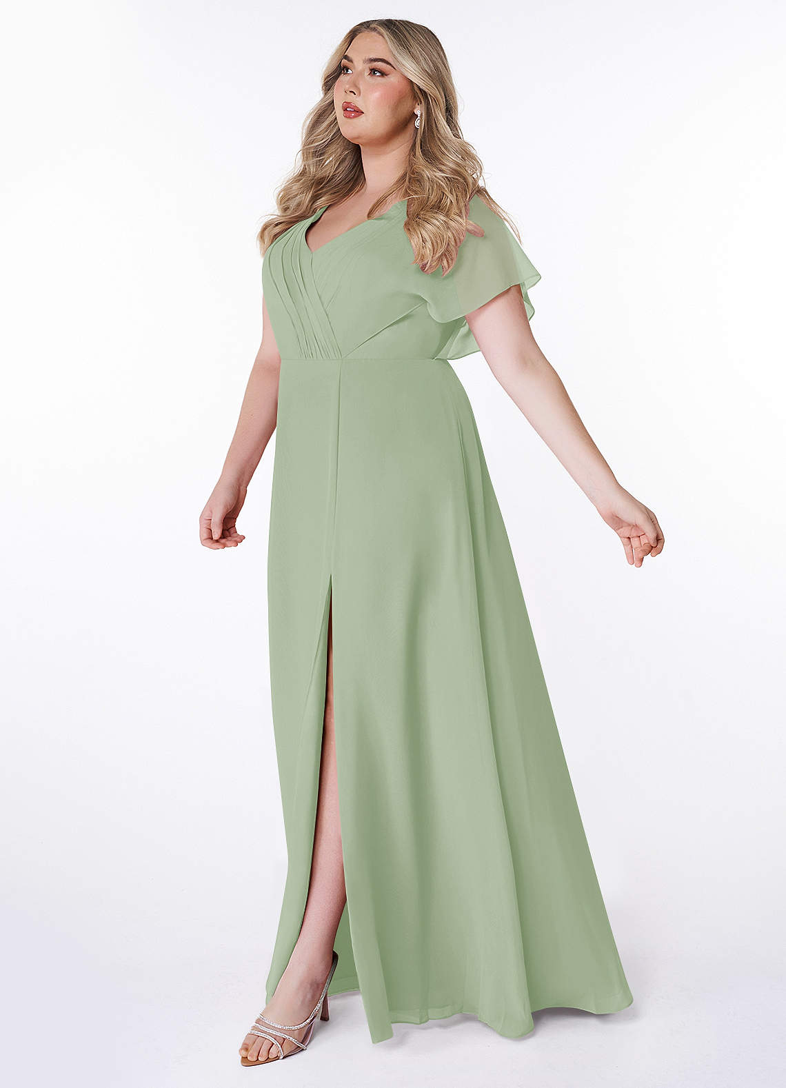 Azazie Rylee At-home Try On Dresses Dusty Sage A-Line Pleated Chiffon Dress image7