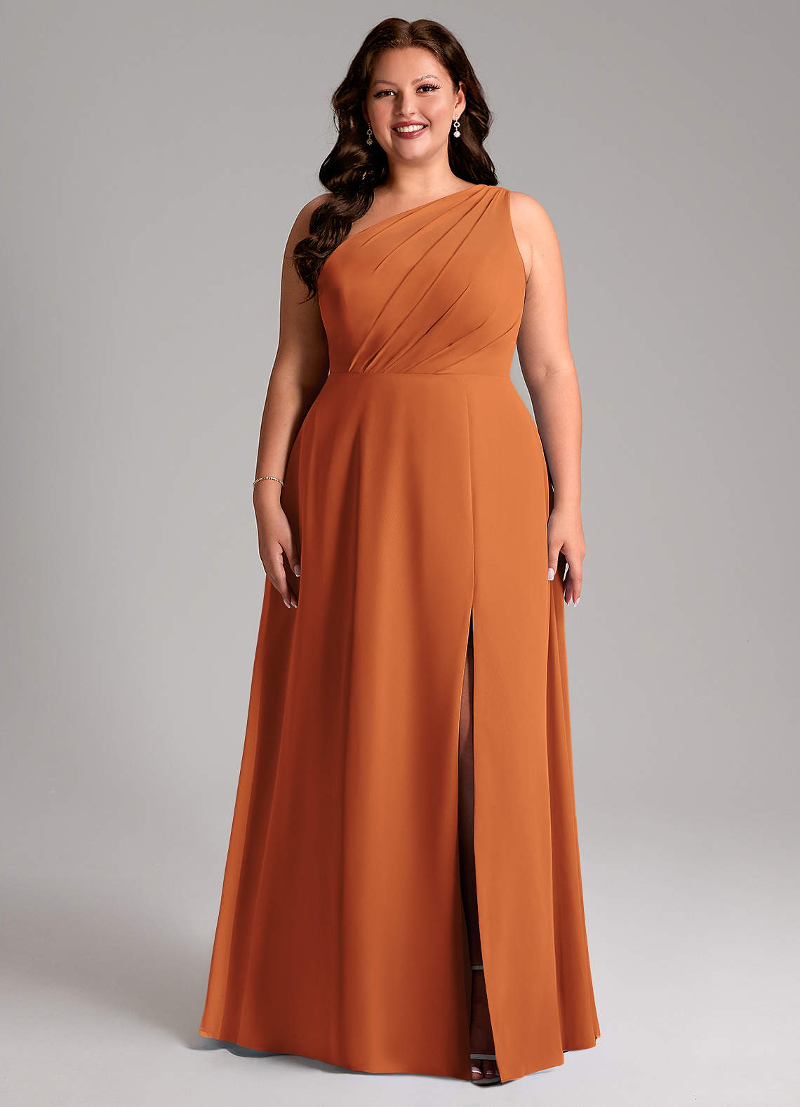 Azazie Phaedra Bridesmaid Dresses Cinnamon A-Line One Shoulder Chiffon Dress image1