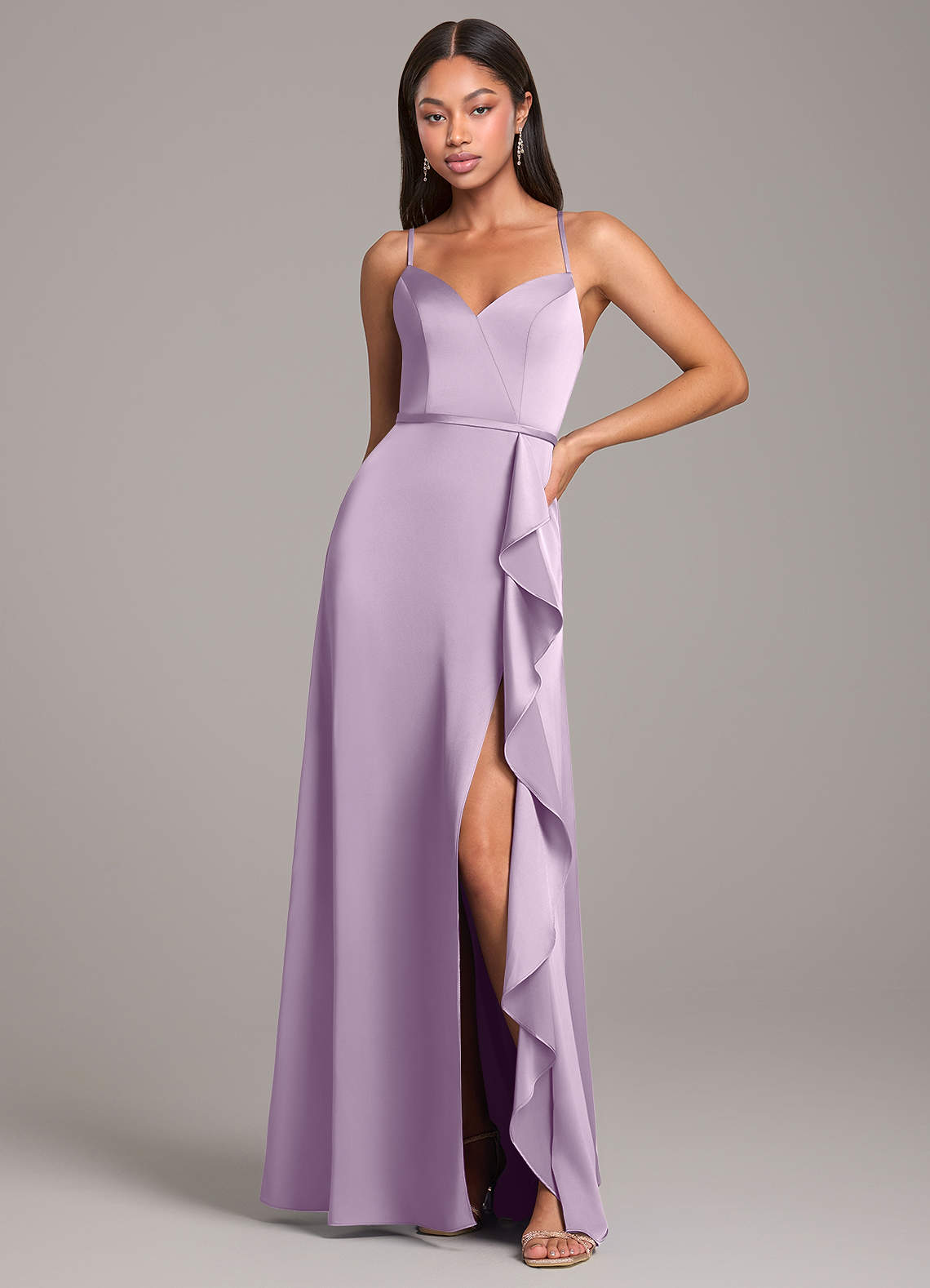Azazie Naeem Robes de demoiselle d'honneur Robe Trapèze en Satin extensible Frostiges Flieder image1