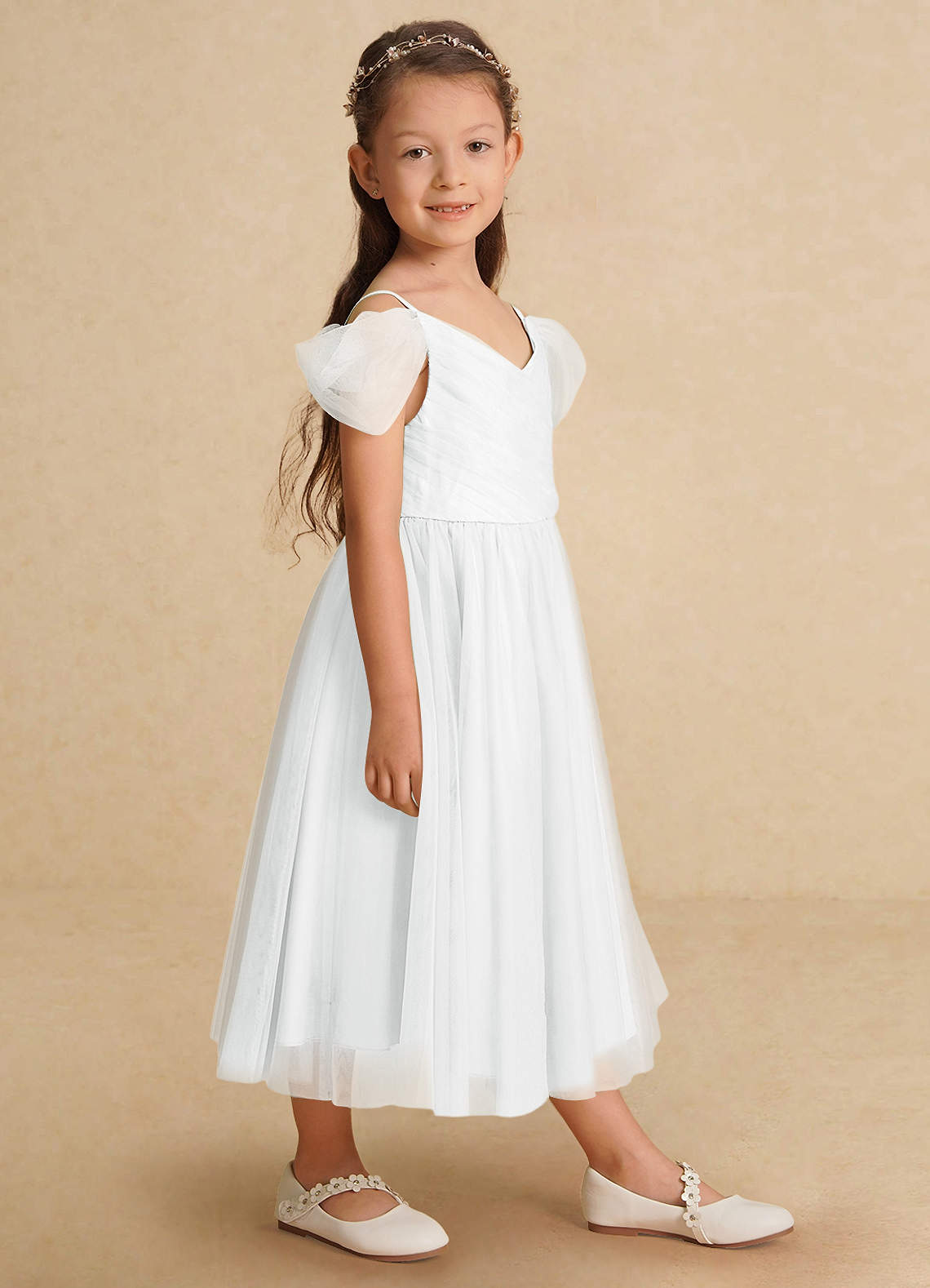 Azazie Lizzette Flower Girl Dresses Diamond White A-Line Ruched Tulle Dress image1